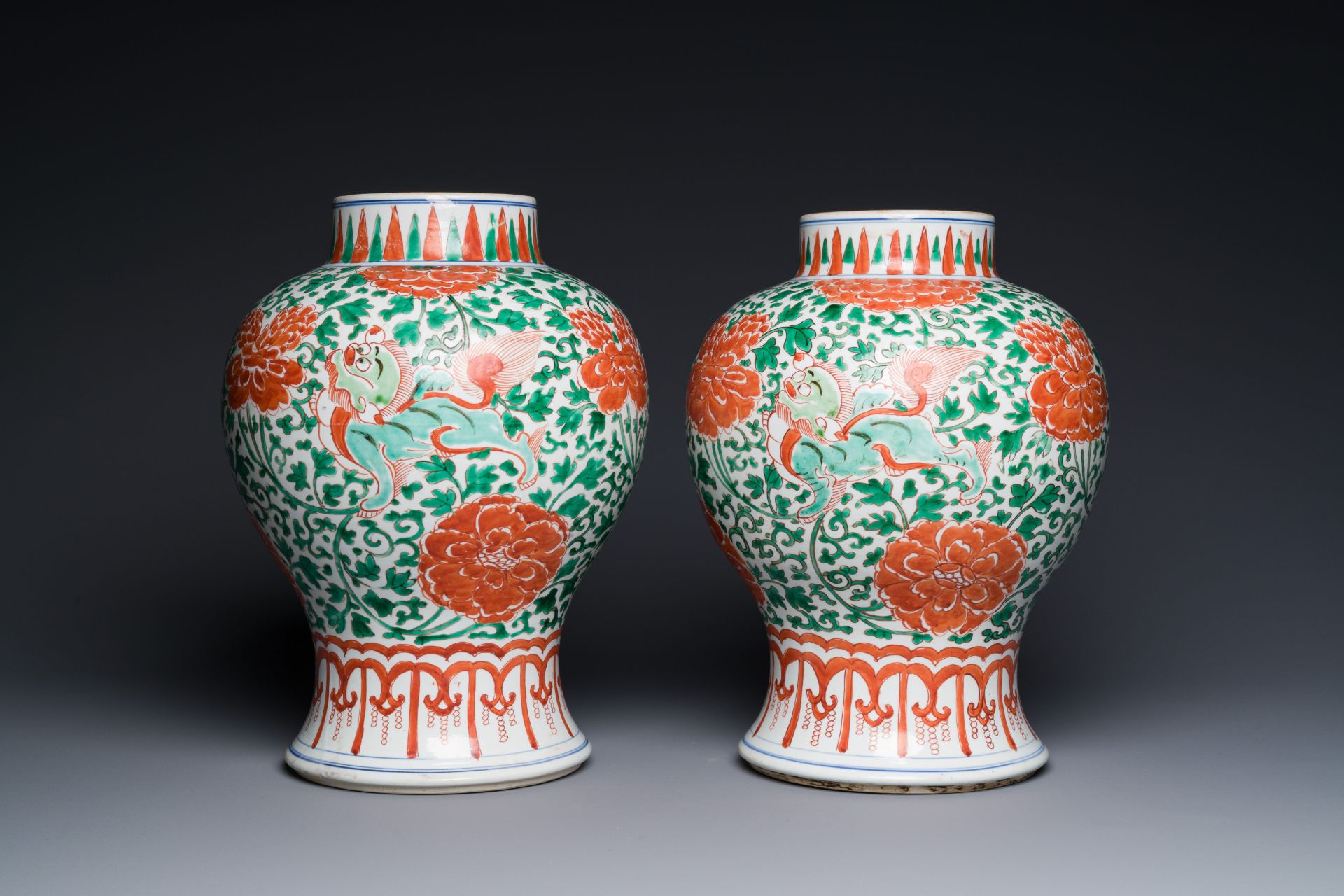 A pair of Chinese famille verte 'Buddhist lion' vases with gilt bronze mounts, Kangxi - Image 3 of 9