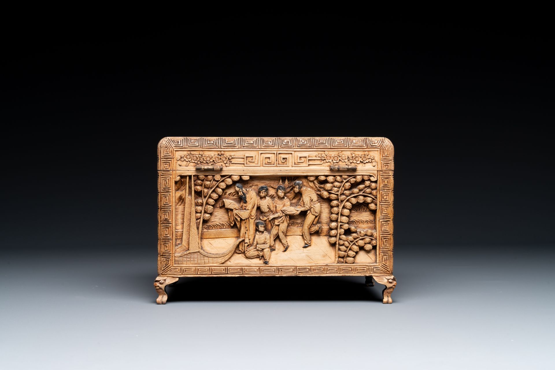 A Chinese Canton carved wooden casket with a famille rose plaque, Republic - Image 5 of 8