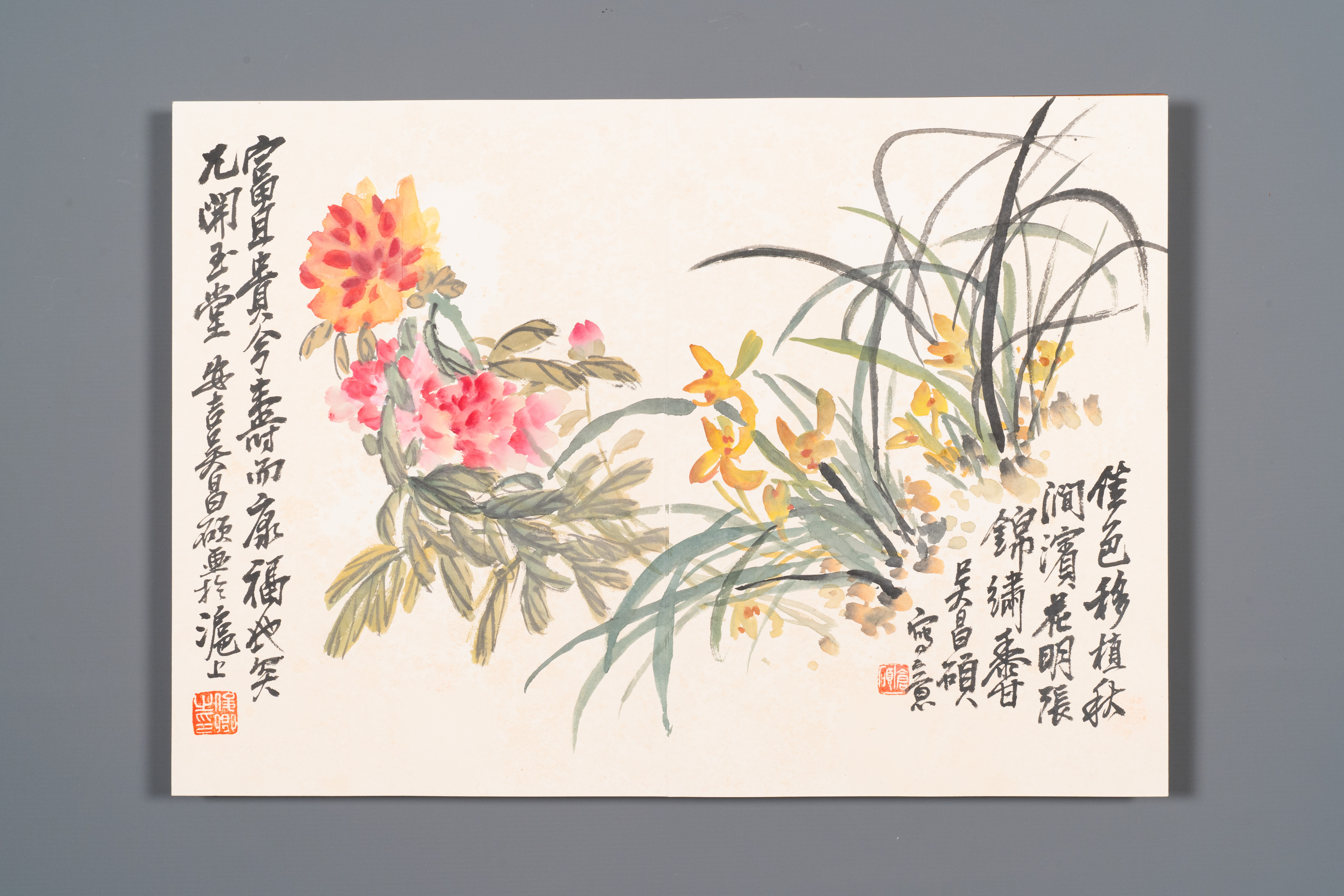 Wu Changshuo å´æ˜Œç¡• (1844-1927): Album with 10 floral works accompanied by calligraphy, ink and c - Image 3 of 14