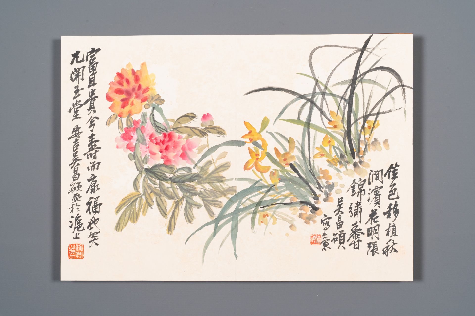 Wu Changshuo å´æ˜Œç¡• (1844-1927): Album with 10 floral works accompanied by calligraphy, ink and c - Bild 3 aus 14