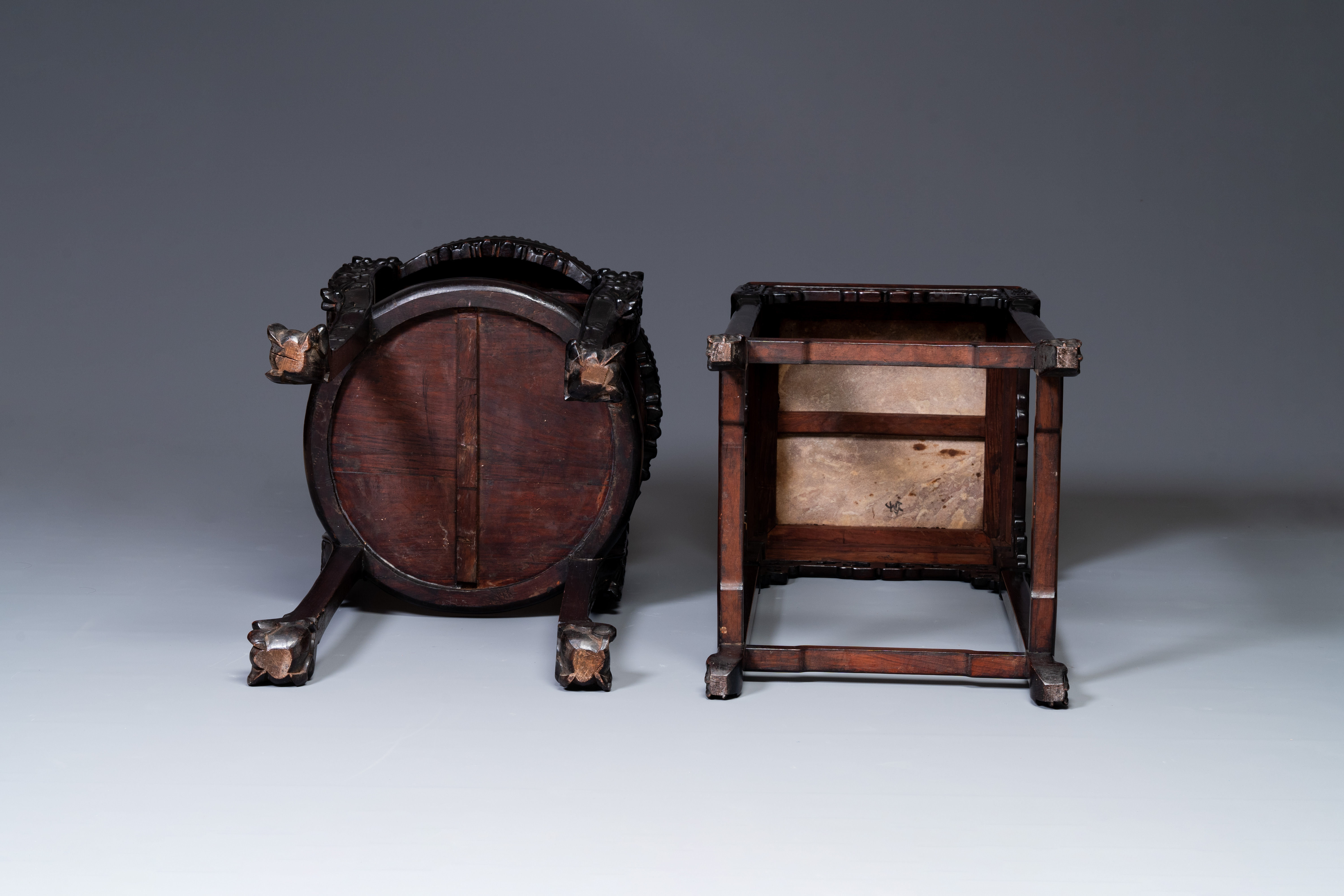 Two Chinese carved wooden stands with marble tops, 19th C. - Image 5 of 5