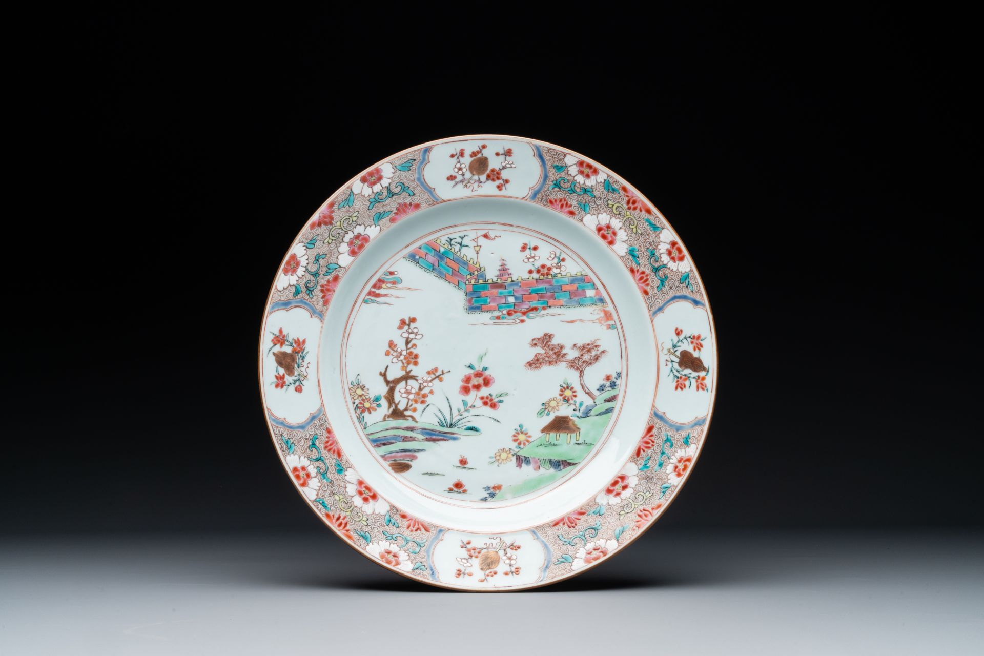 A Chinese famille rose dish with landscape design, Yongzheng