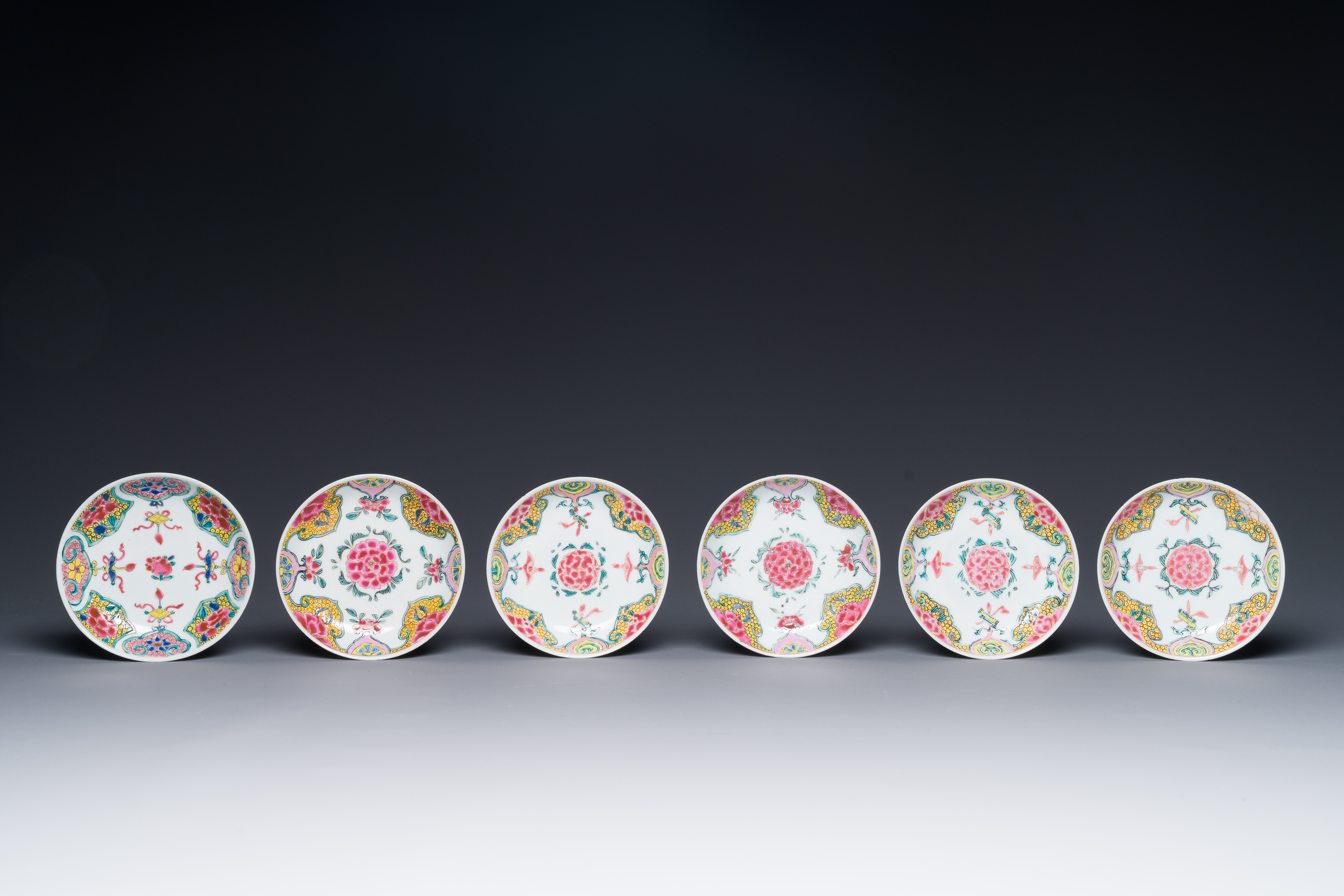 Five Chinese famille rose cups and six saucers with floral decor, Yongzheng/Qianlong - Image 2 of 6