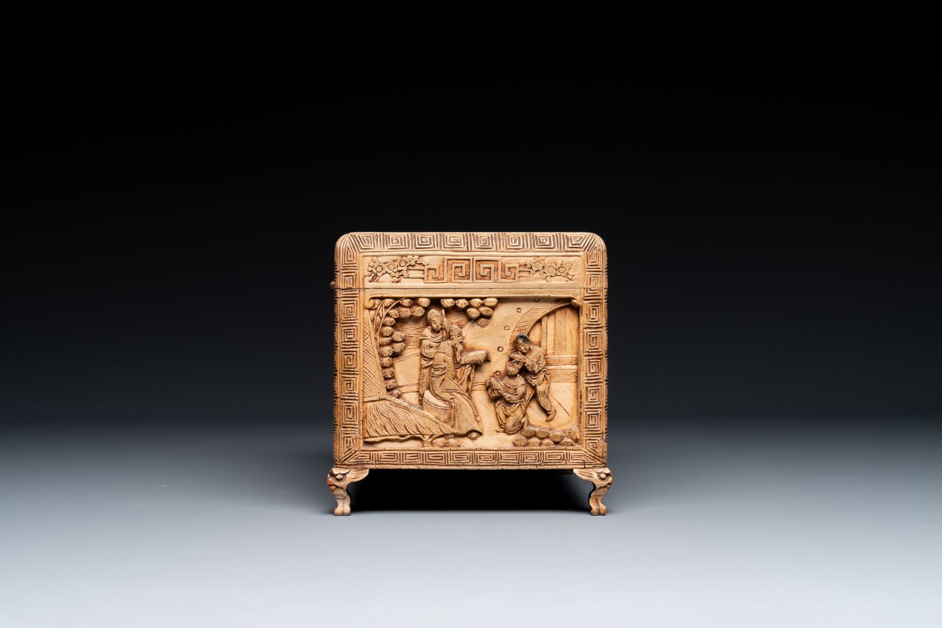 A Chinese Canton carved wooden casket with a famille rose plaque, Republic - Image 4 of 8