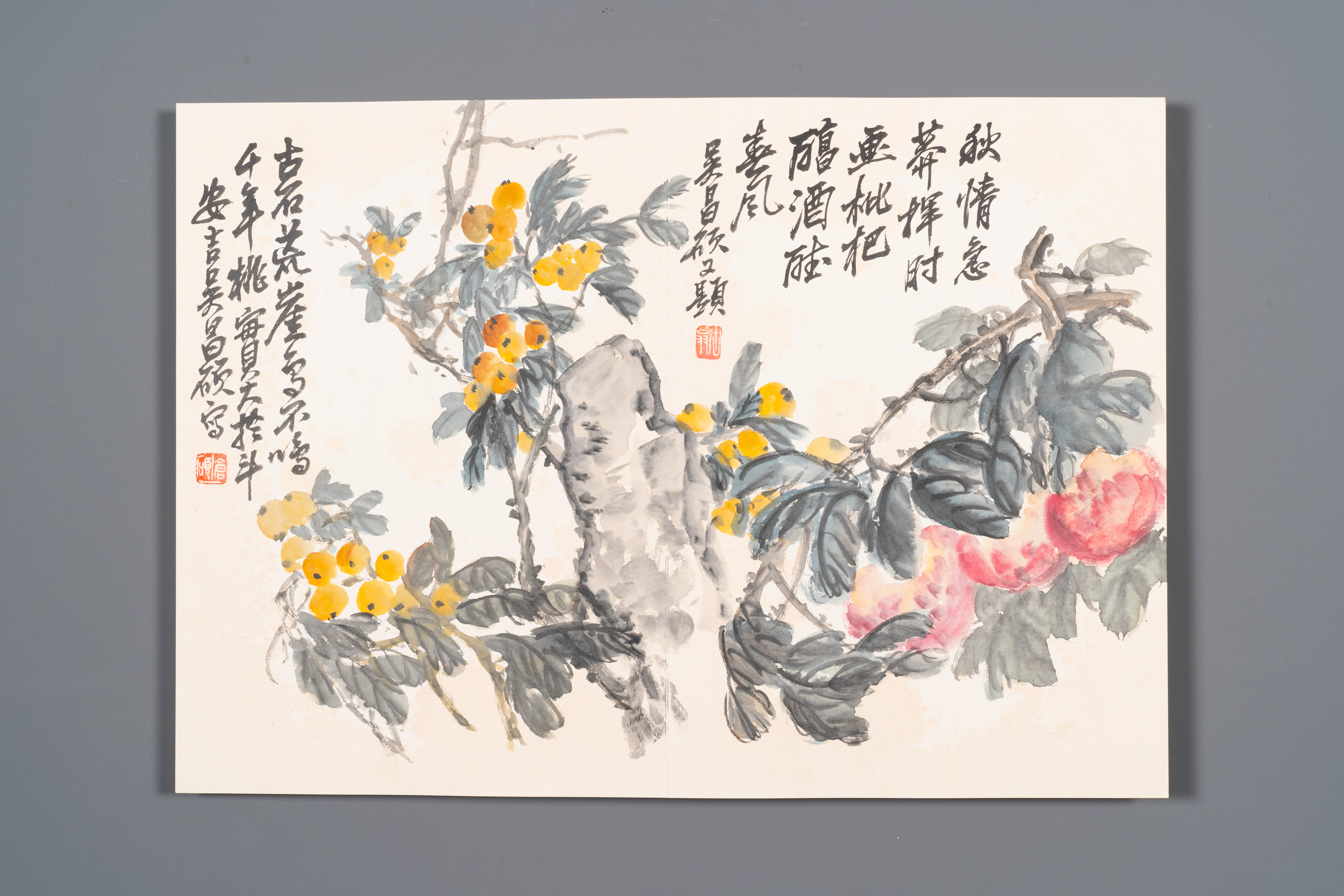 Wu Changshuo å´æ˜Œç¡• (1844-1927): Album with 10 floral works accompanied by calligraphy, ink and c - Image 6 of 14