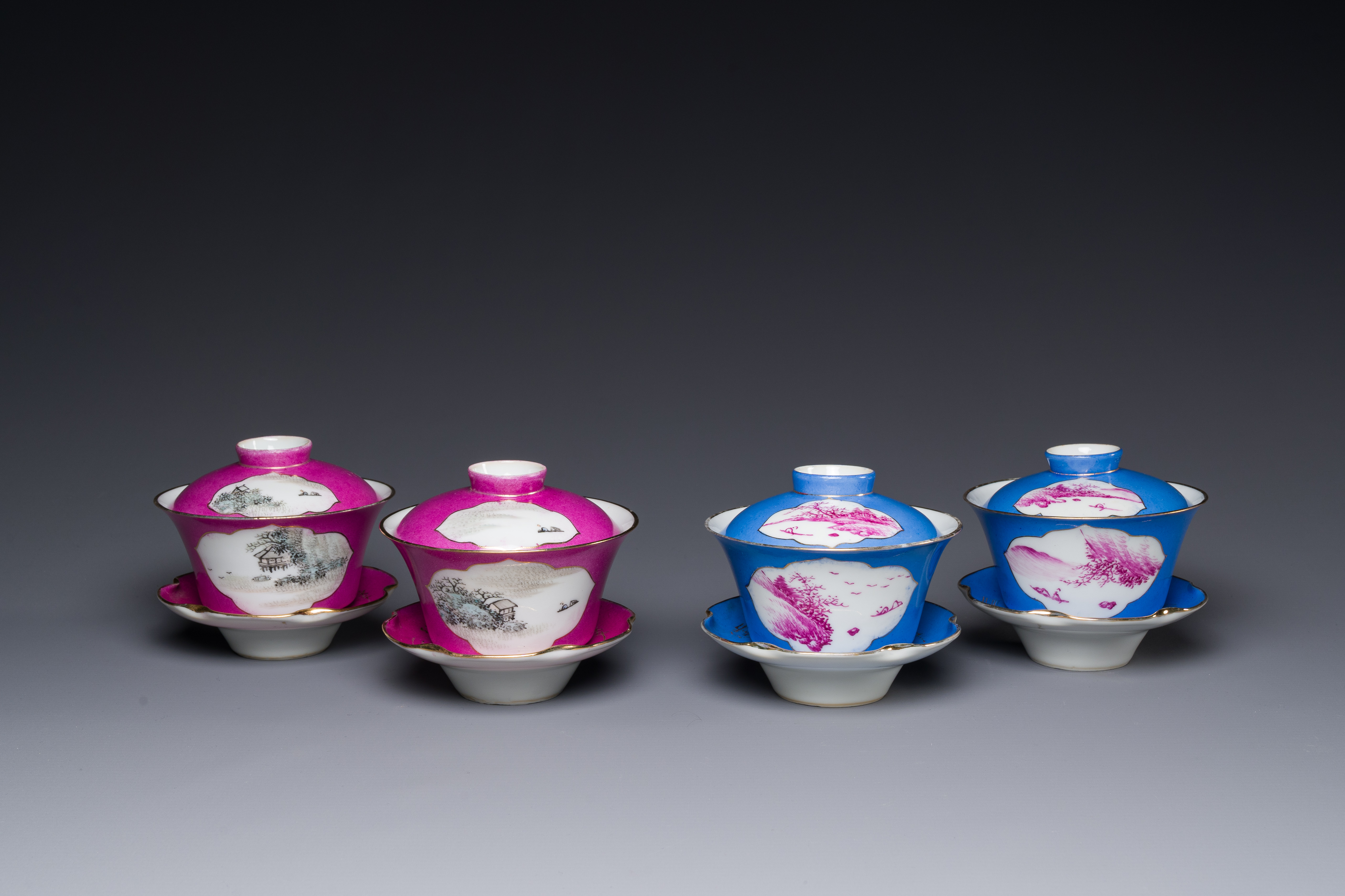 Two pairs of Chinese qianjiang cai covered bowls and saucers, Lin Lu å²ºç›§ signed, 19/20th C.