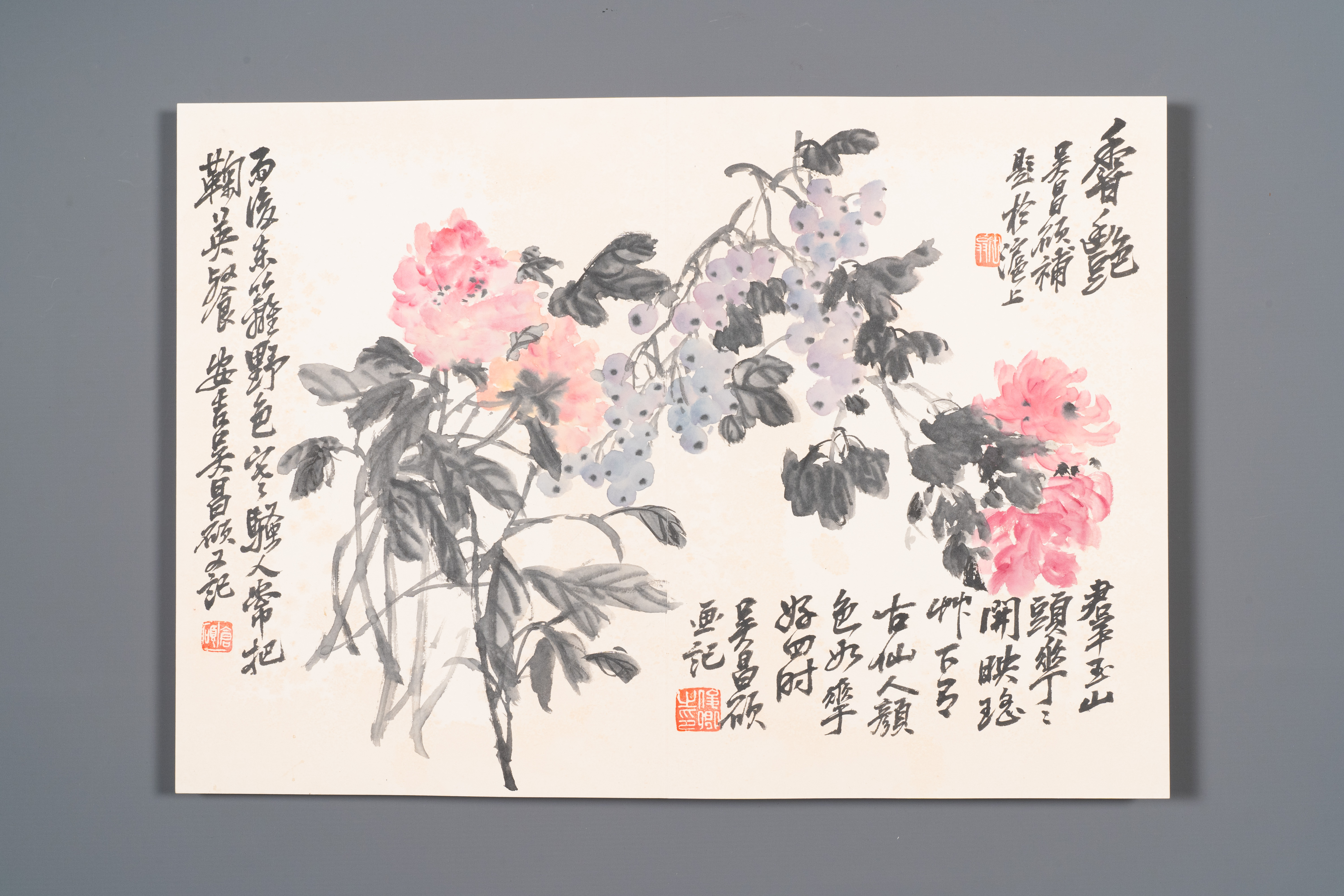 Wu Changshuo å´æ˜Œç¡• (1844-1927): Album with 10 floral works accompanied by calligraphy, ink and c - Image 7 of 14