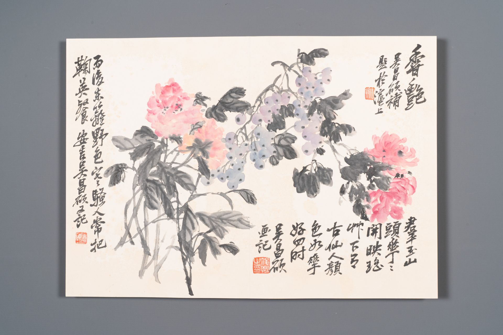 Wu Changshuo å´æ˜Œç¡• (1844-1927): Album with 10 floral works accompanied by calligraphy, ink and c - Bild 7 aus 14