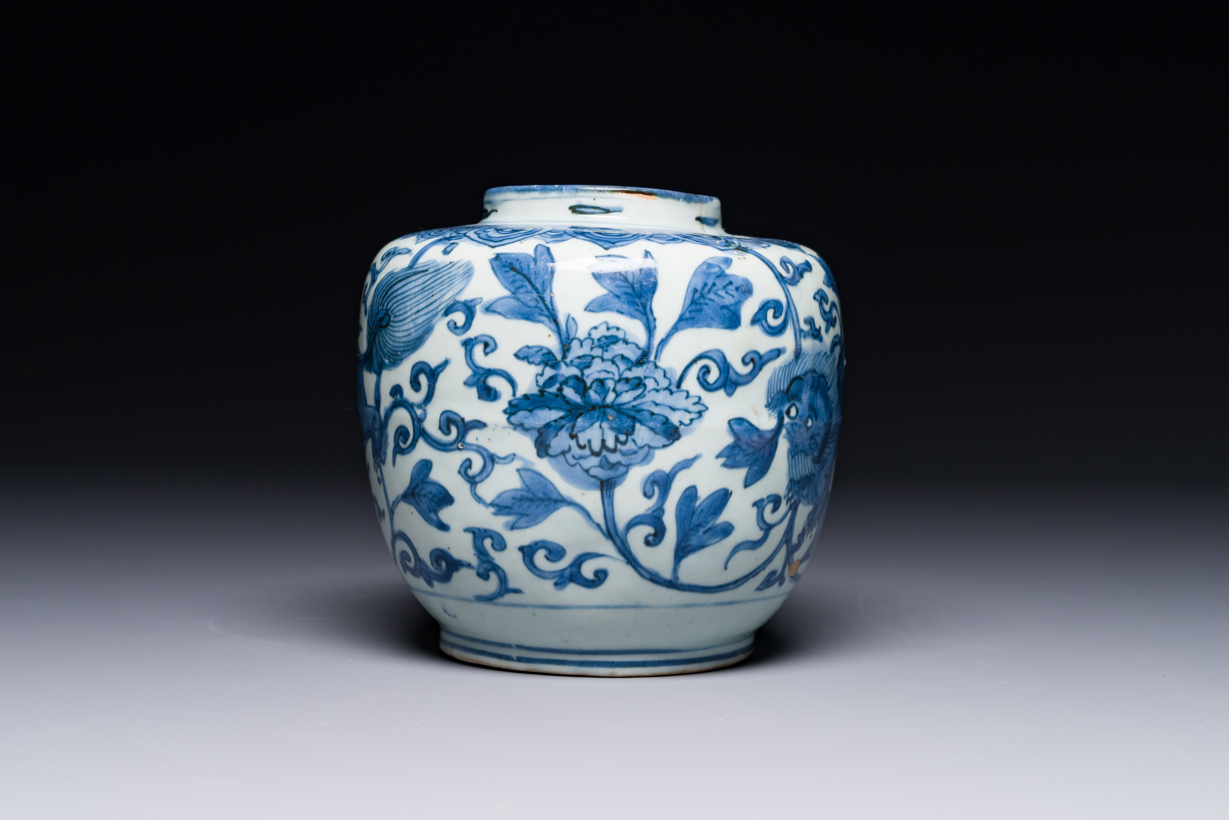 A Chinese blue and white 'Buddhist lion and lotus scroll' jar, Wanli - Image 2 of 6