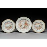 Three Chinese Meissen-style plates with a harbour view, Qianlong
