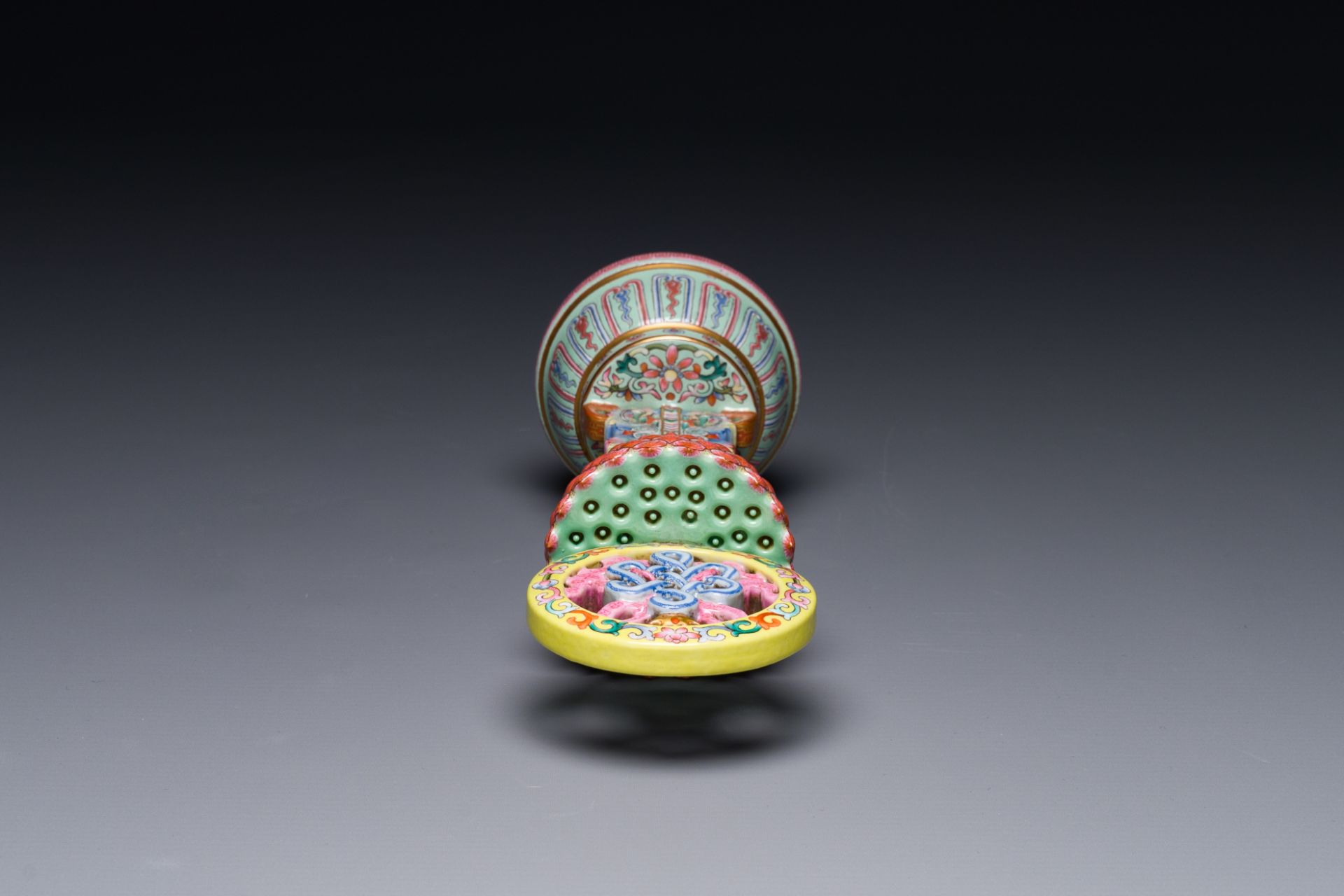 A rare Chinese famille rose Buddhist emblem altar ornament, Qianlong mark and of the period - Image 4 of 5