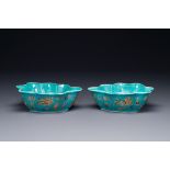 A pair of Chinese turquoise-ground famille rose leaf-shaped bowls with butterfly design, Jiaqing mar