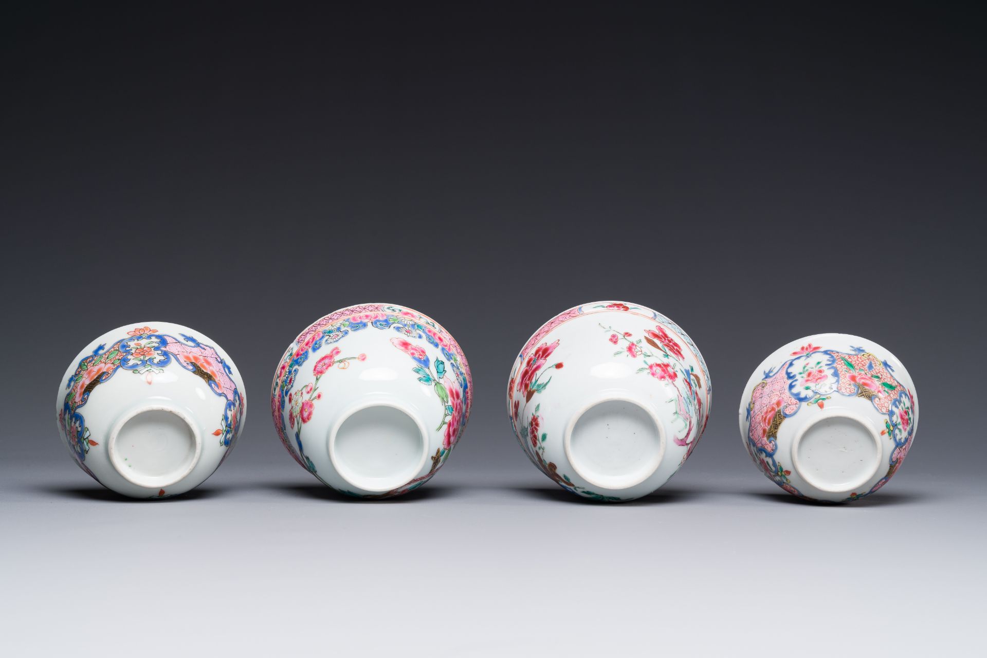 Four Chinese famille rose cups and three saucers with floral design, Yongzheng - Image 6 of 6