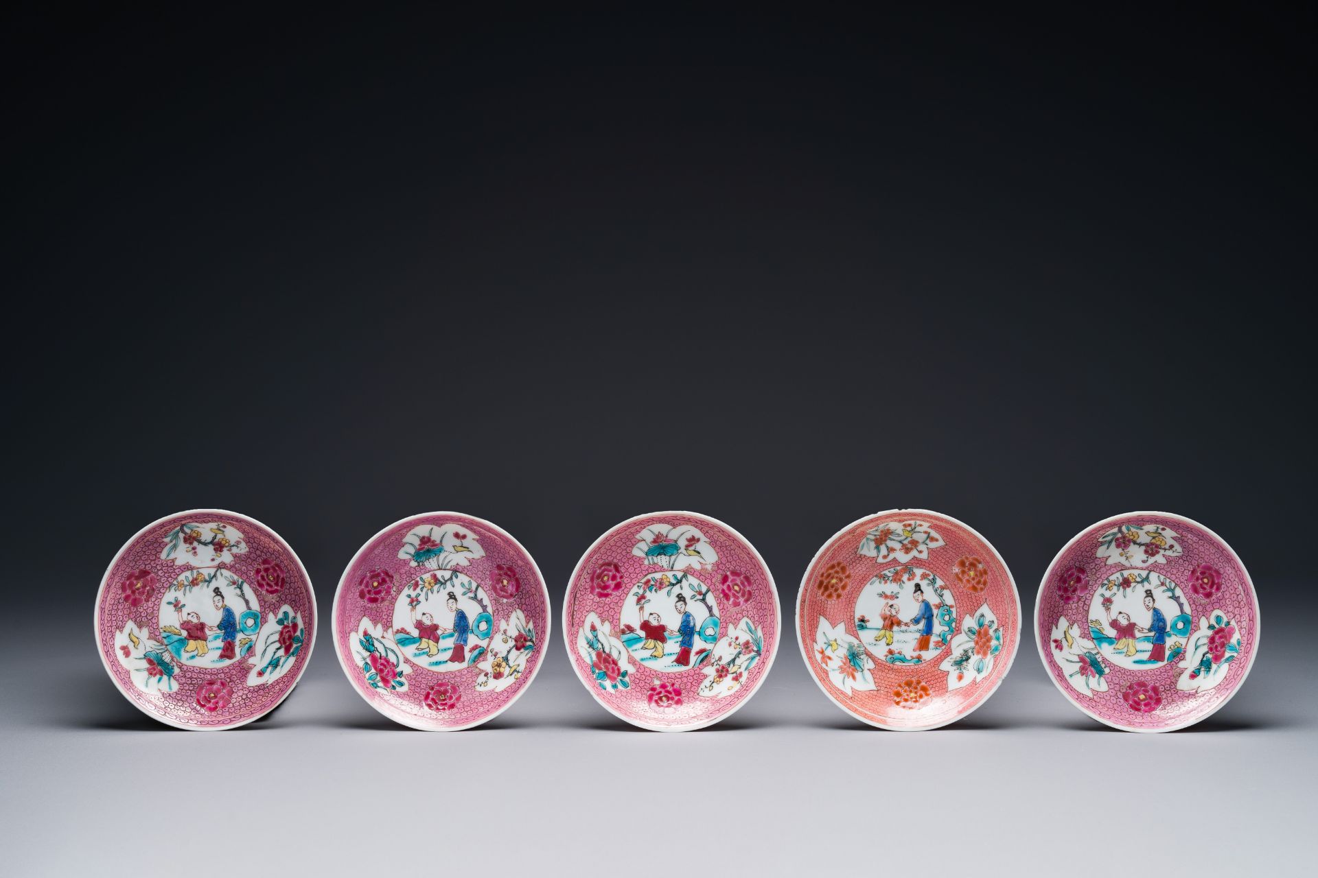 Five Chinese famille rose cups and saucers with figures, Yongzheng - Image 7 of 8