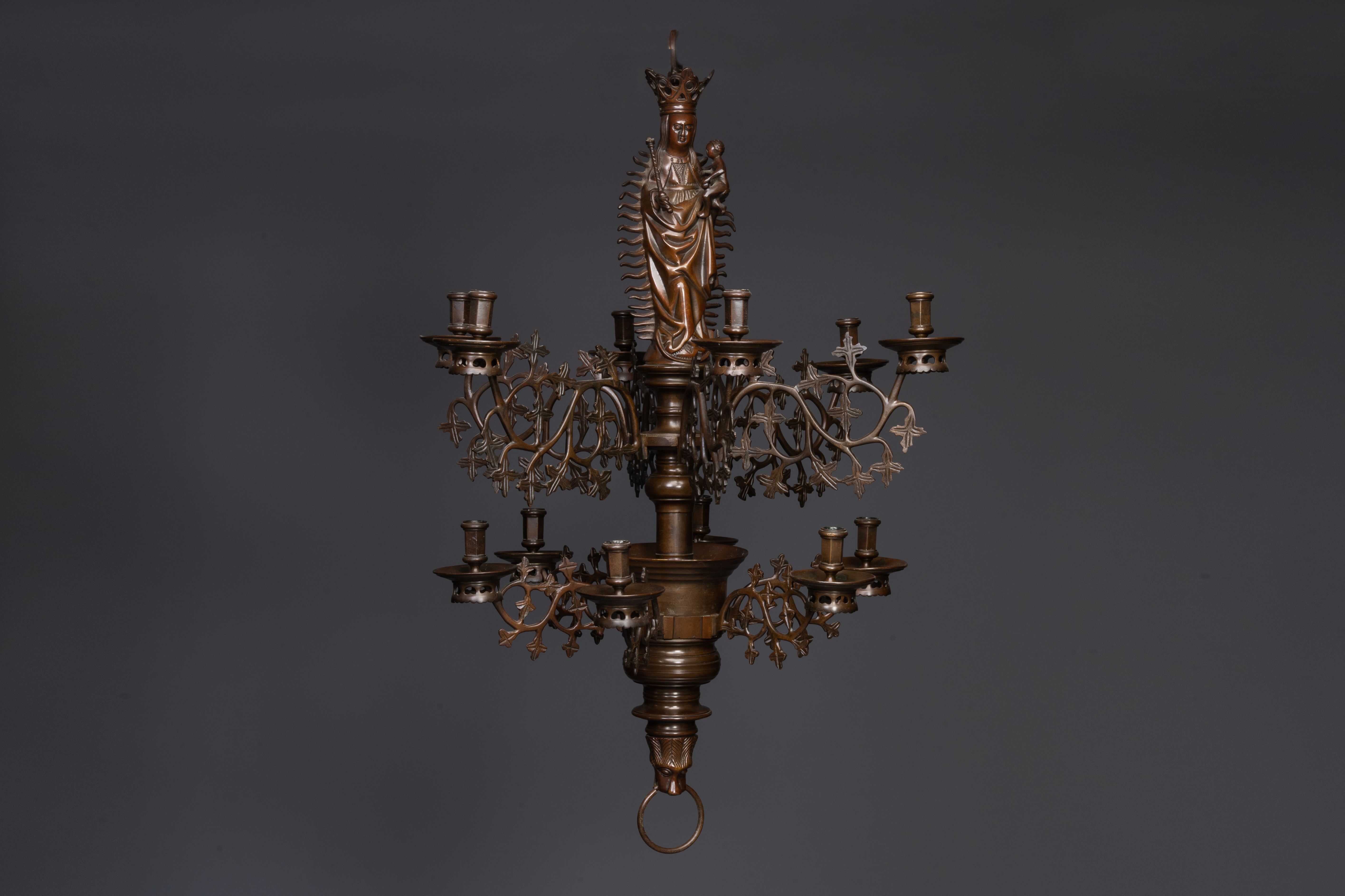 A Flemish or Dutch bronze Gothic Revival large bronze 'Madonna and Child' chandelier, 19th C.