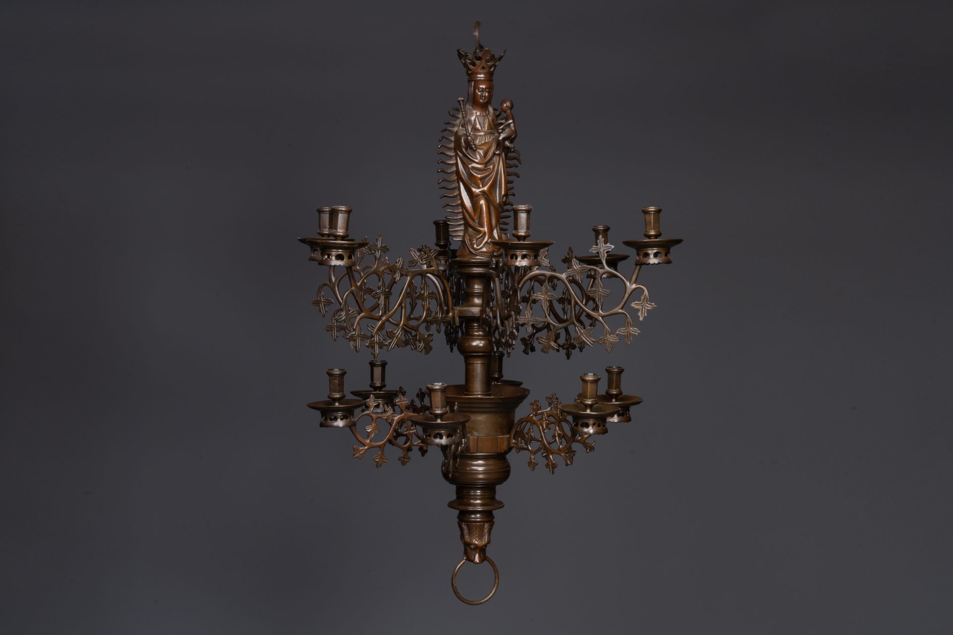 A Flemish or Dutch bronze Gothic Revival large bronze 'Madonna and Child' chandelier, 19th C.