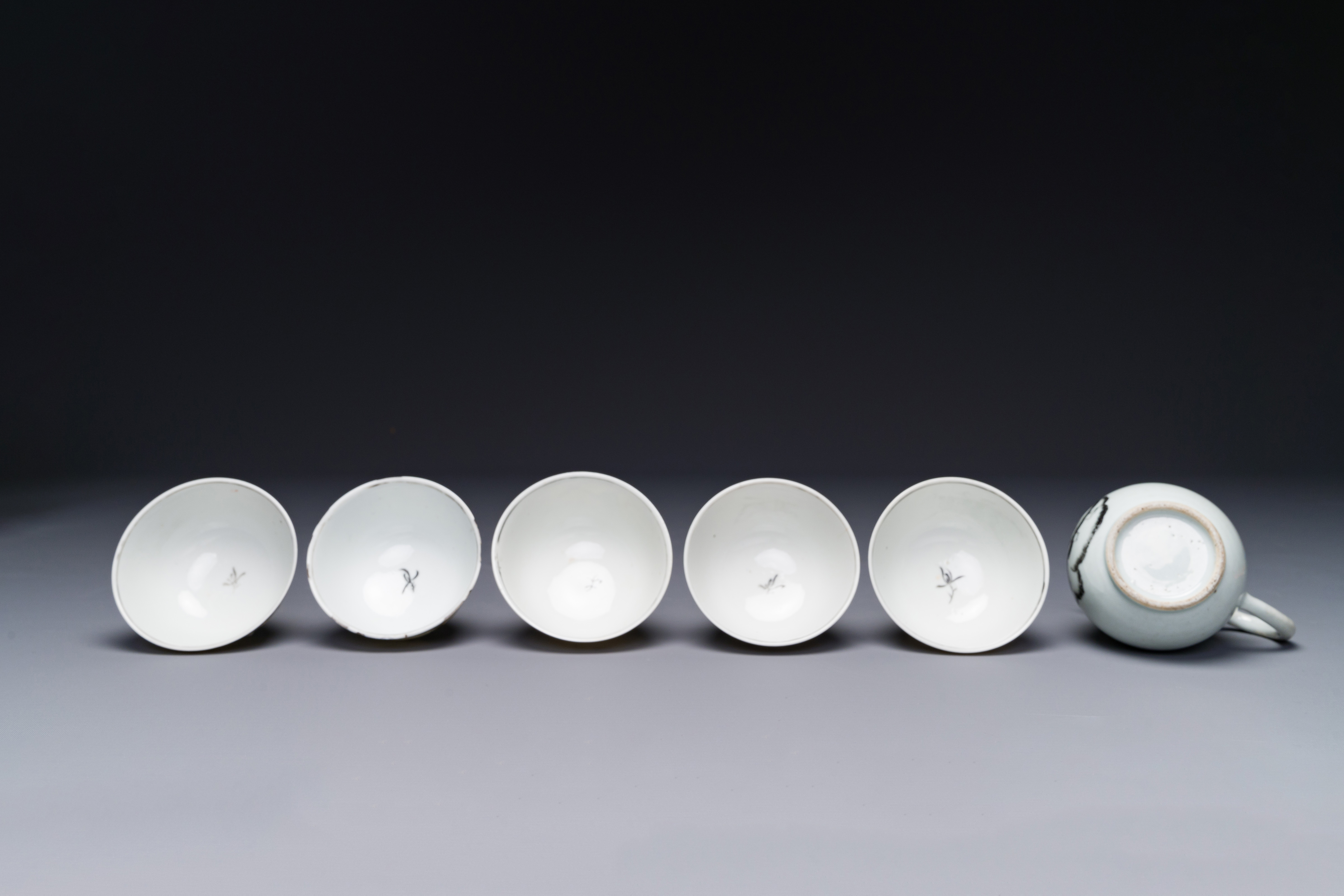 Five Chinese export grisaille cups and a milk jug, Qianlong - Image 4 of 5