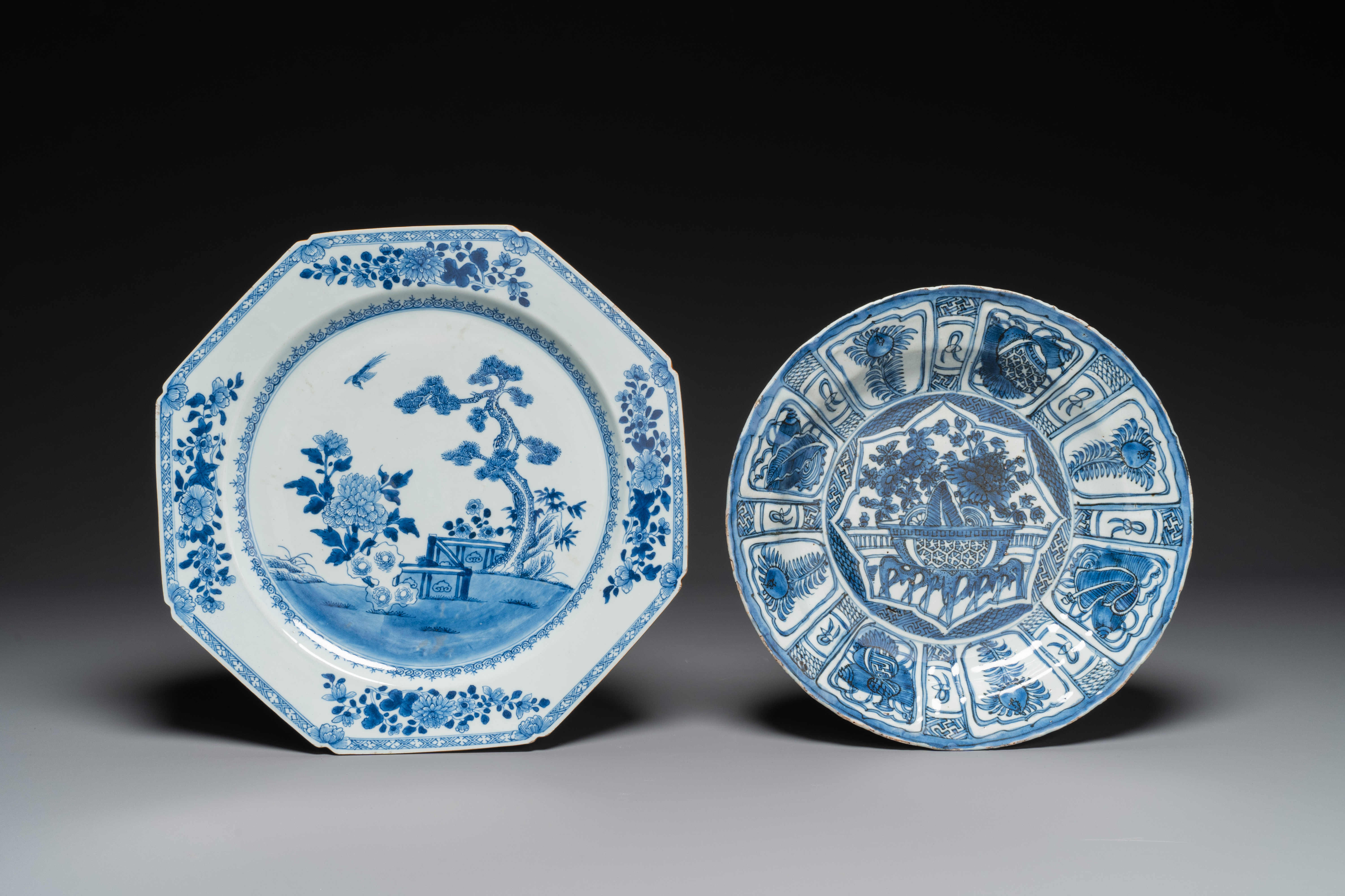 A Chinese blue and white dish and an octagonal 'Three Friends of Winter' dish, Wanli and Qianlong