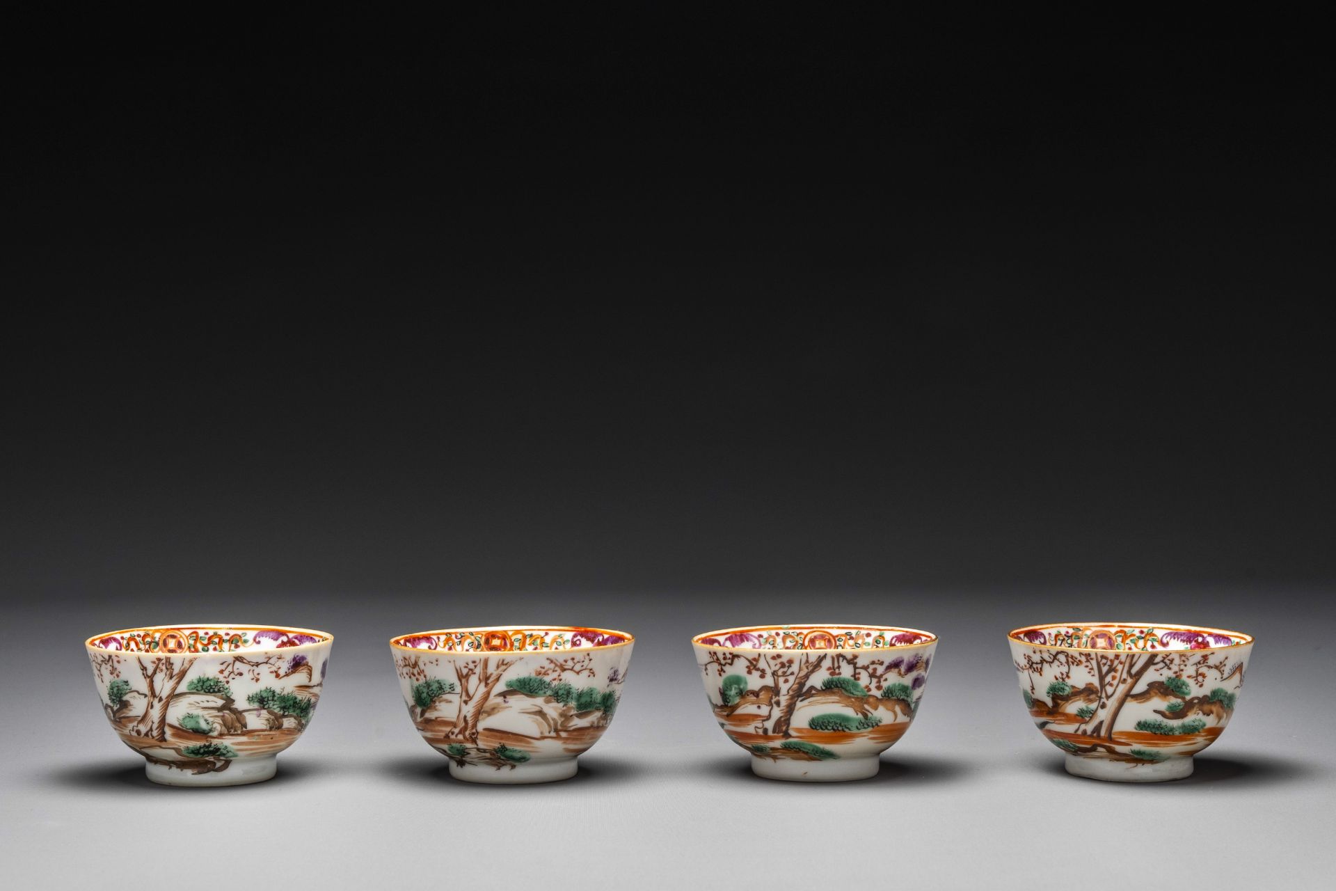 Four Chinese famille rose cups and saucers and an ewer with design of two horses, Qianlong - Image 11 of 15