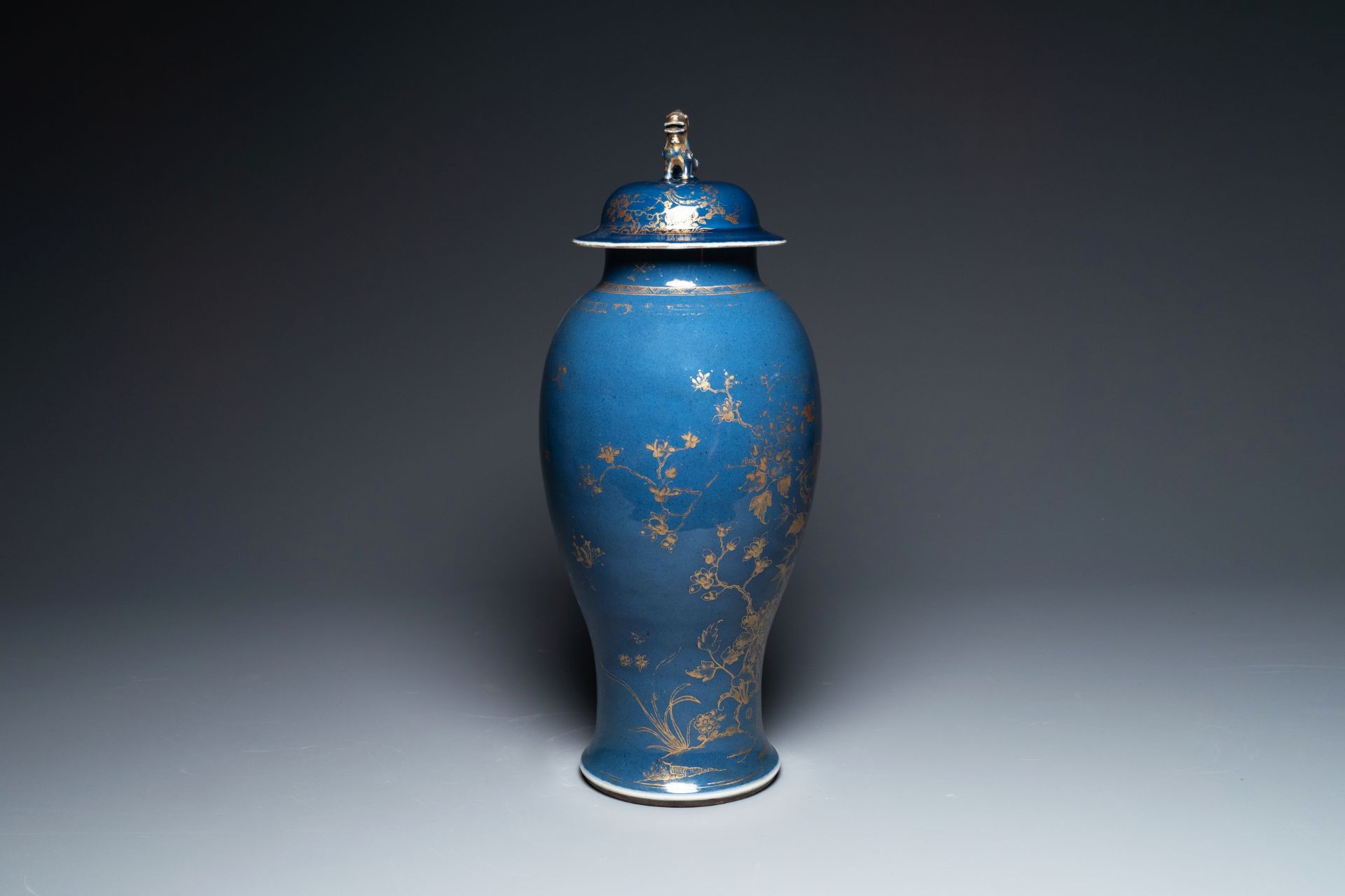 A Chinese gilt-decorated powder-blue vase with a phoenix among blossoming branches , Qianlong - Image 3 of 5