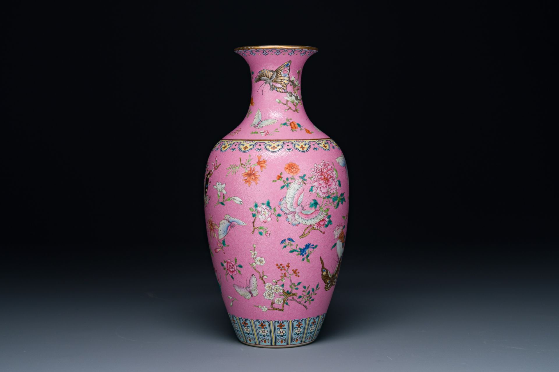 A Chinese pink-sgraffito-ground famille rose 'butterfly' vase, Qianlong mark and possibly of the per - Image 6 of 8