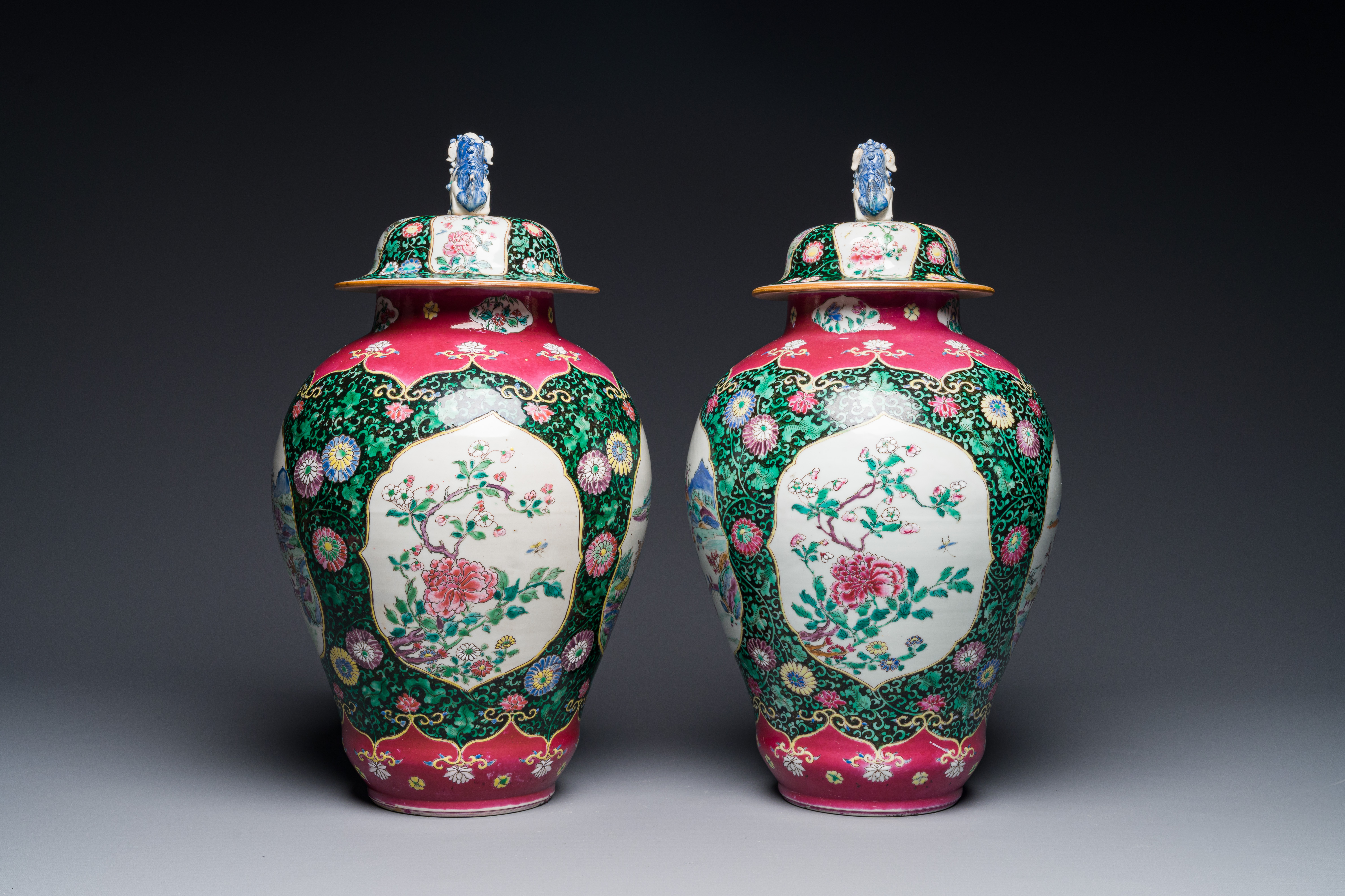 A pair of Chinese famille rose black-ground jars and covers with mountainous landscape design, Yongz - Image 2 of 6