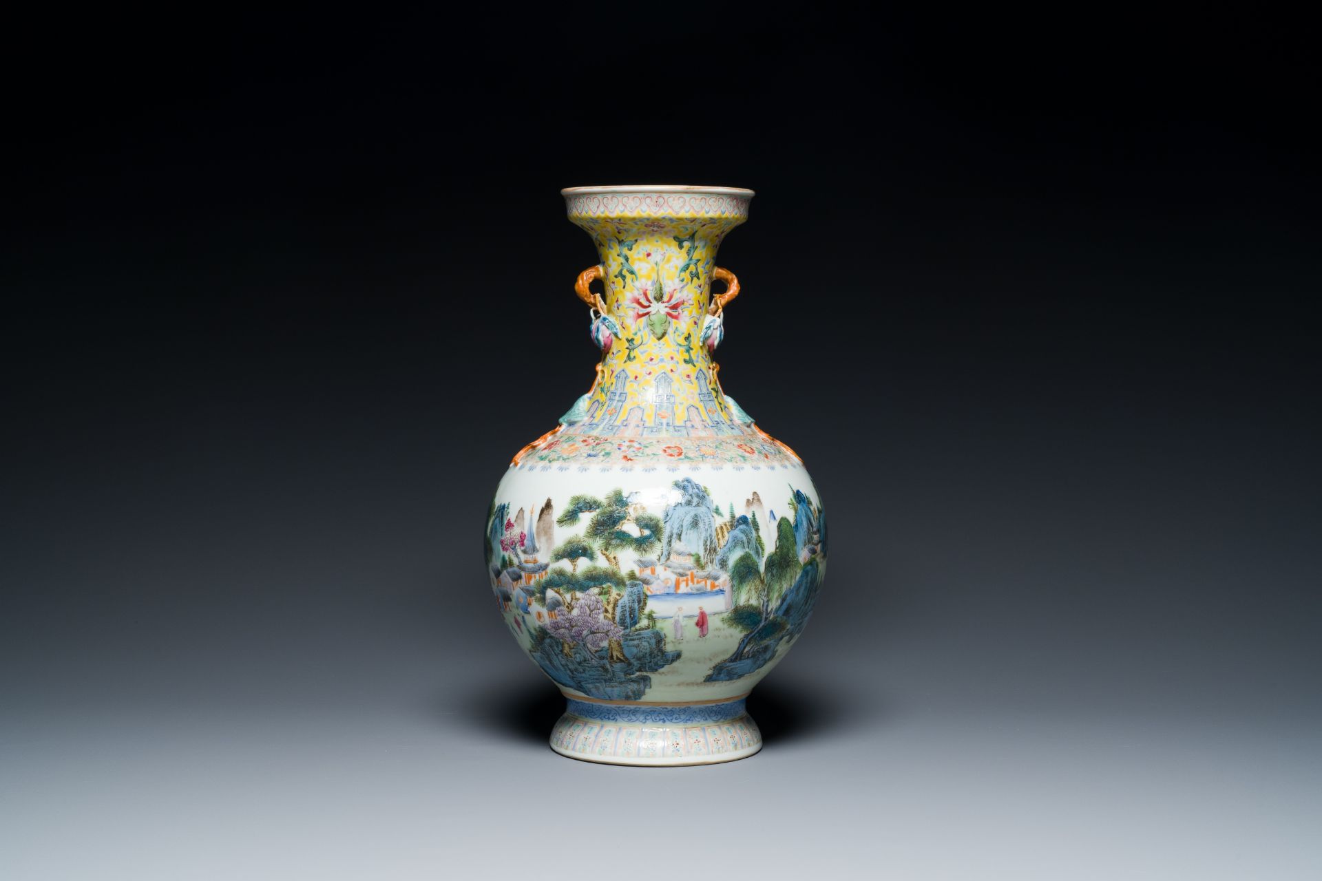 A Chinese famille rose vase with a mountainous landscape, Qianlong mark, Republic