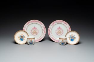 A pair of monogrammed Chinese puce-enamelled plates and a pair of armorial cups and saucers, Yongzhe