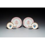 A pair of monogrammed Chinese puce-enamelled plates and a pair of armorial cups and saucers, Yongzhe