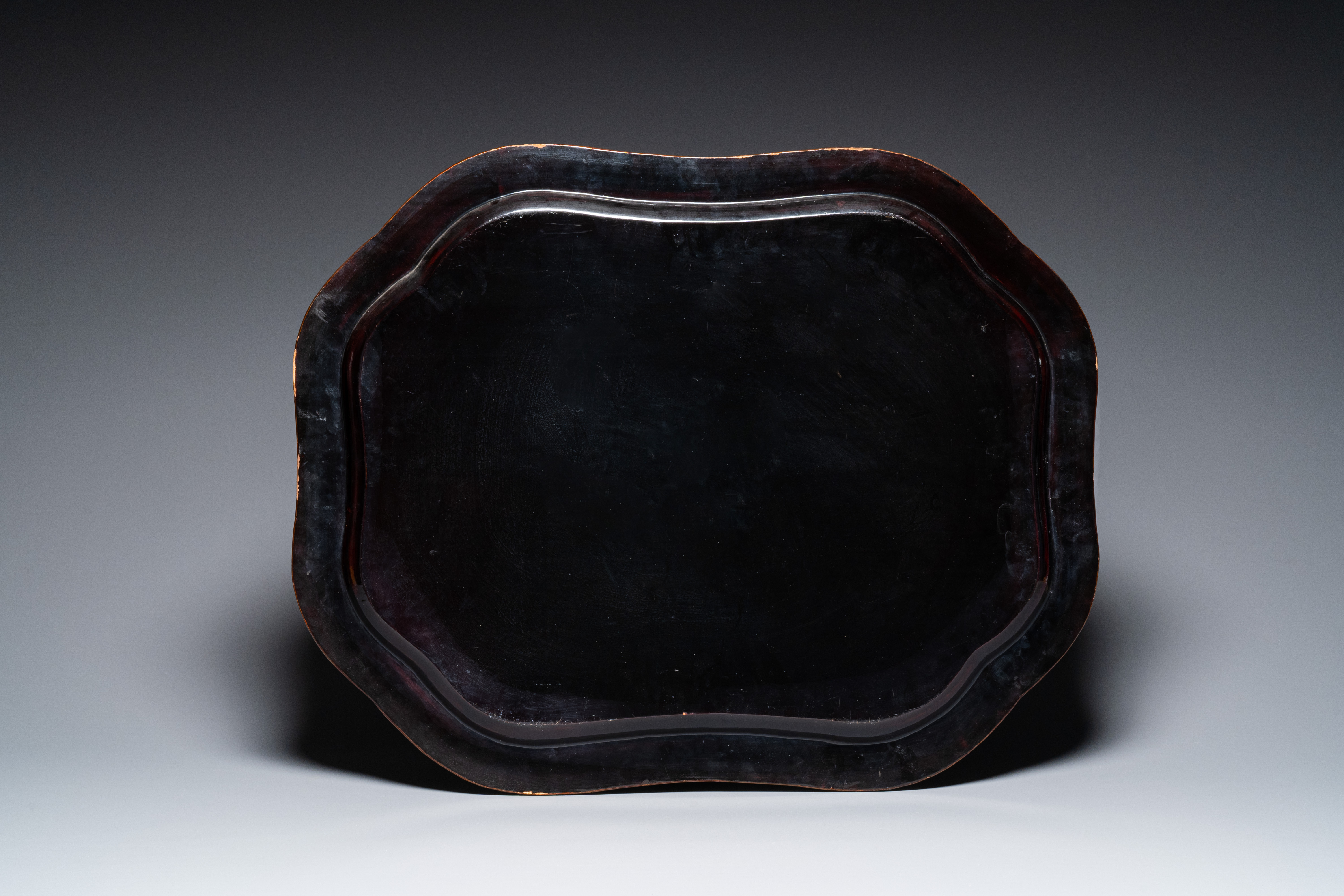 A large Chinese Canton gilt black lacquer tray, thee boxes and a fan, 19th C. - Image 3 of 17