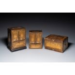 Two Chinese Canton gilt black lacquer miniature cabinets and a box, 19th C.