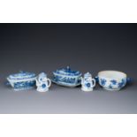 A pair of Chinese blue and white miniature chocolate jugs and three tureens, Qianlong