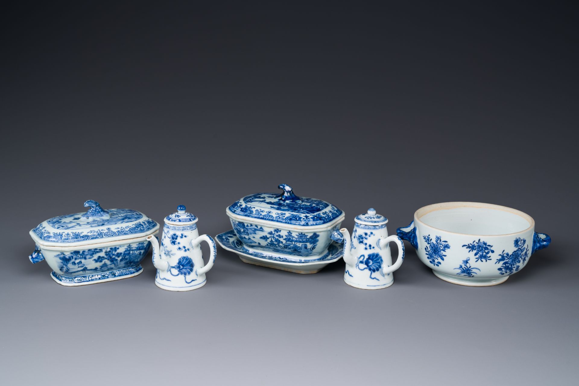 A pair of Chinese blue and white miniature chocolate jugs and three tureens, Qianlong