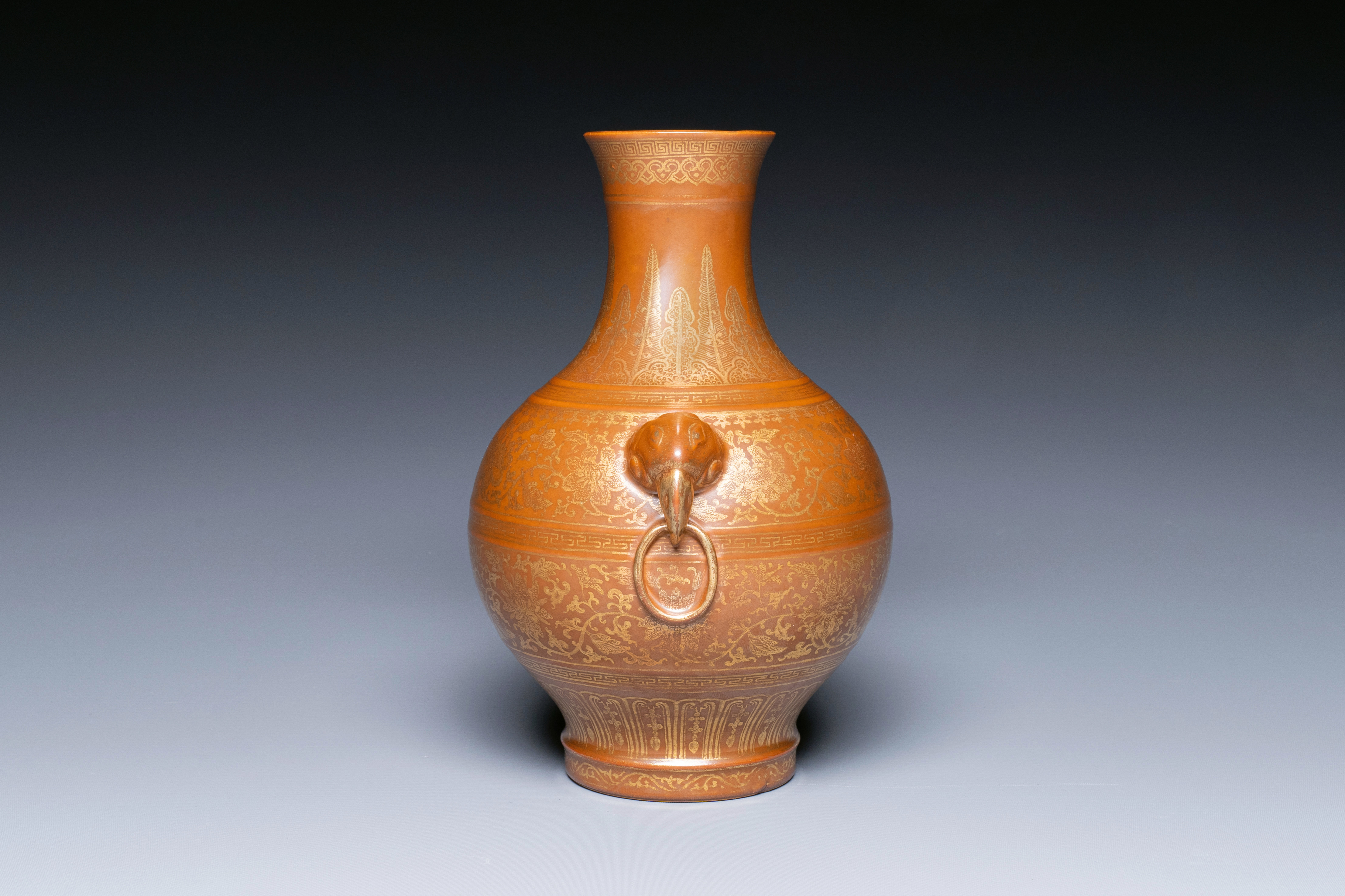 A Chinese brown-glazed 'hu' vase with gilt flower scrolls, Jiaqing mark and of the period - Image 2 of 6