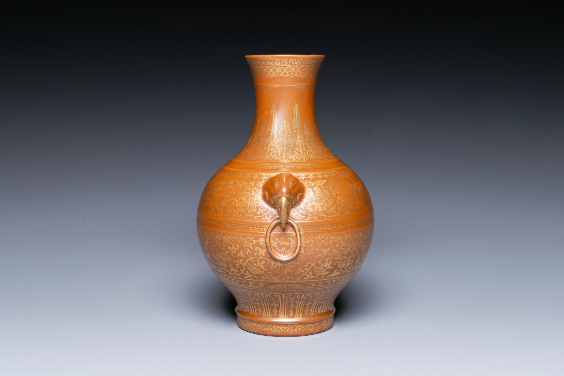 A Chinese brown-glazed 'hu' vase with gilt flower scrolls, Jiaqing mark and of the period - Bild 2 aus 6