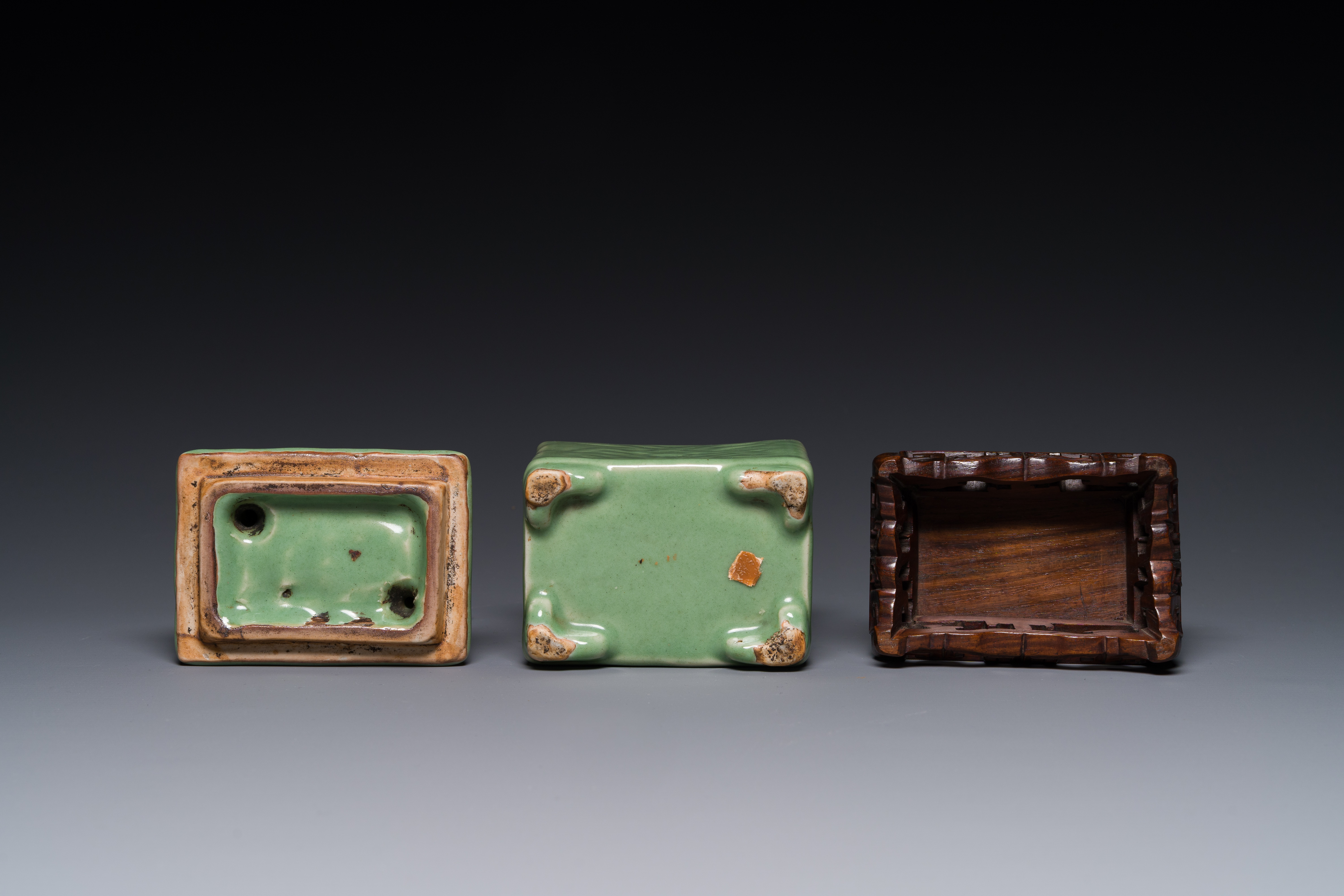 A Chinese Longquan celadon rectangular censer and cover on wooden stand, Ming - Image 5 of 5