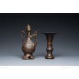 A Chinese bronze 'gu' vase and a bronze ewer and cover for the Islamic market, Ming