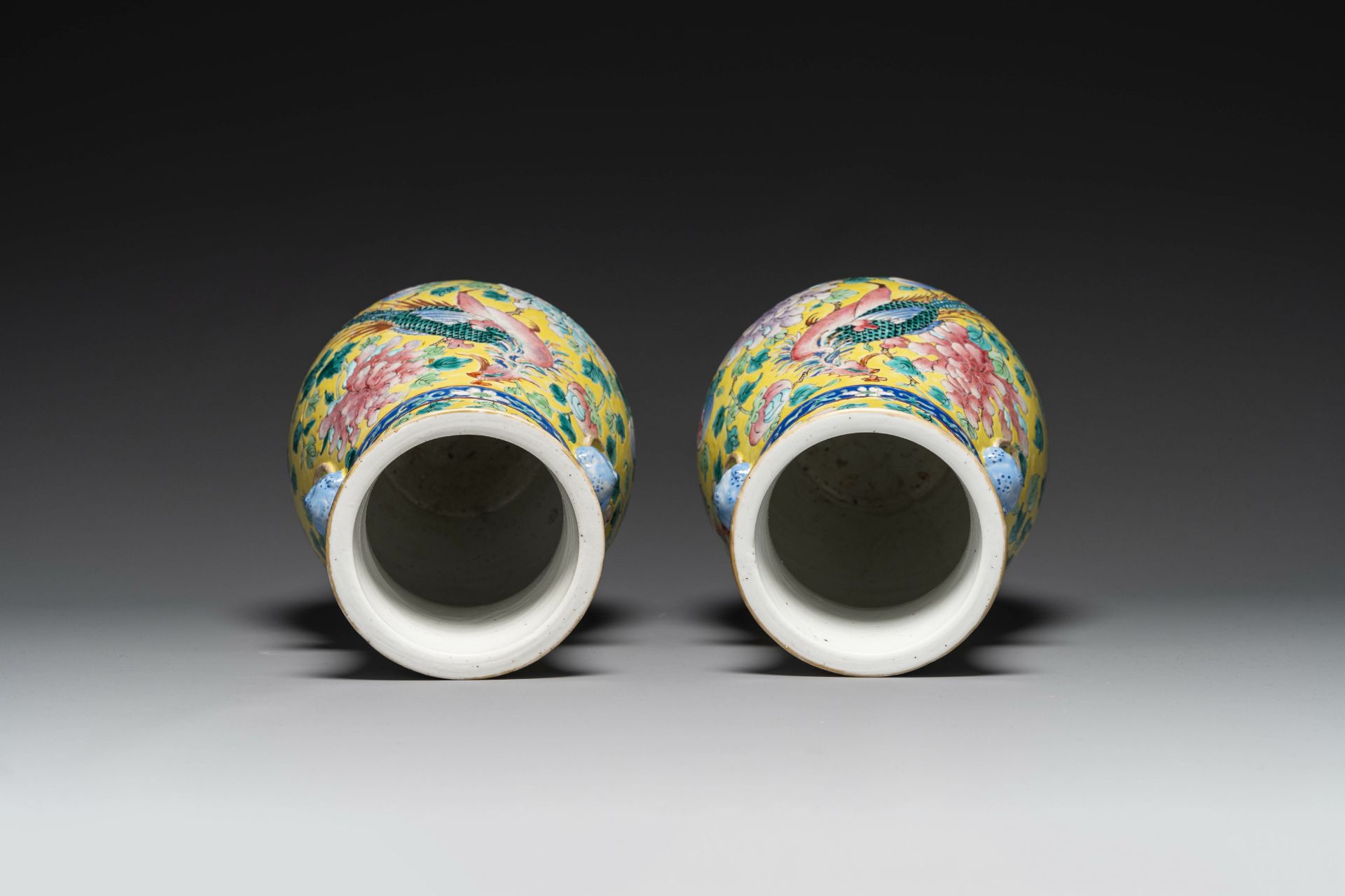A pair of Chinese famille rose yellow-ground 'hu' vases for the Straits or Peranakan market, 19th C. - Image 5 of 6