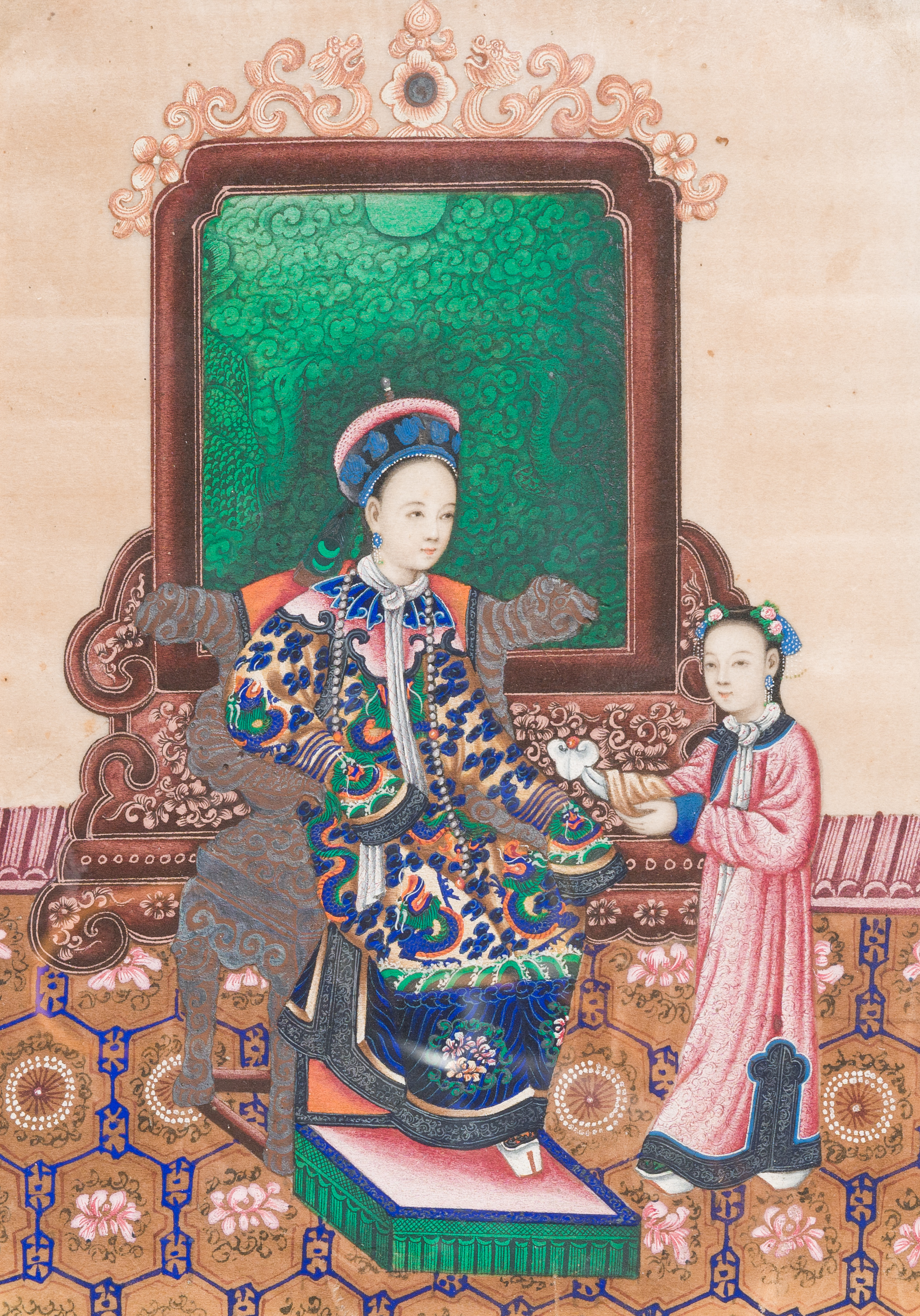 Three Chinese Canton rice paper paintings in a triptych frame, 19th C. - Image 3 of 6