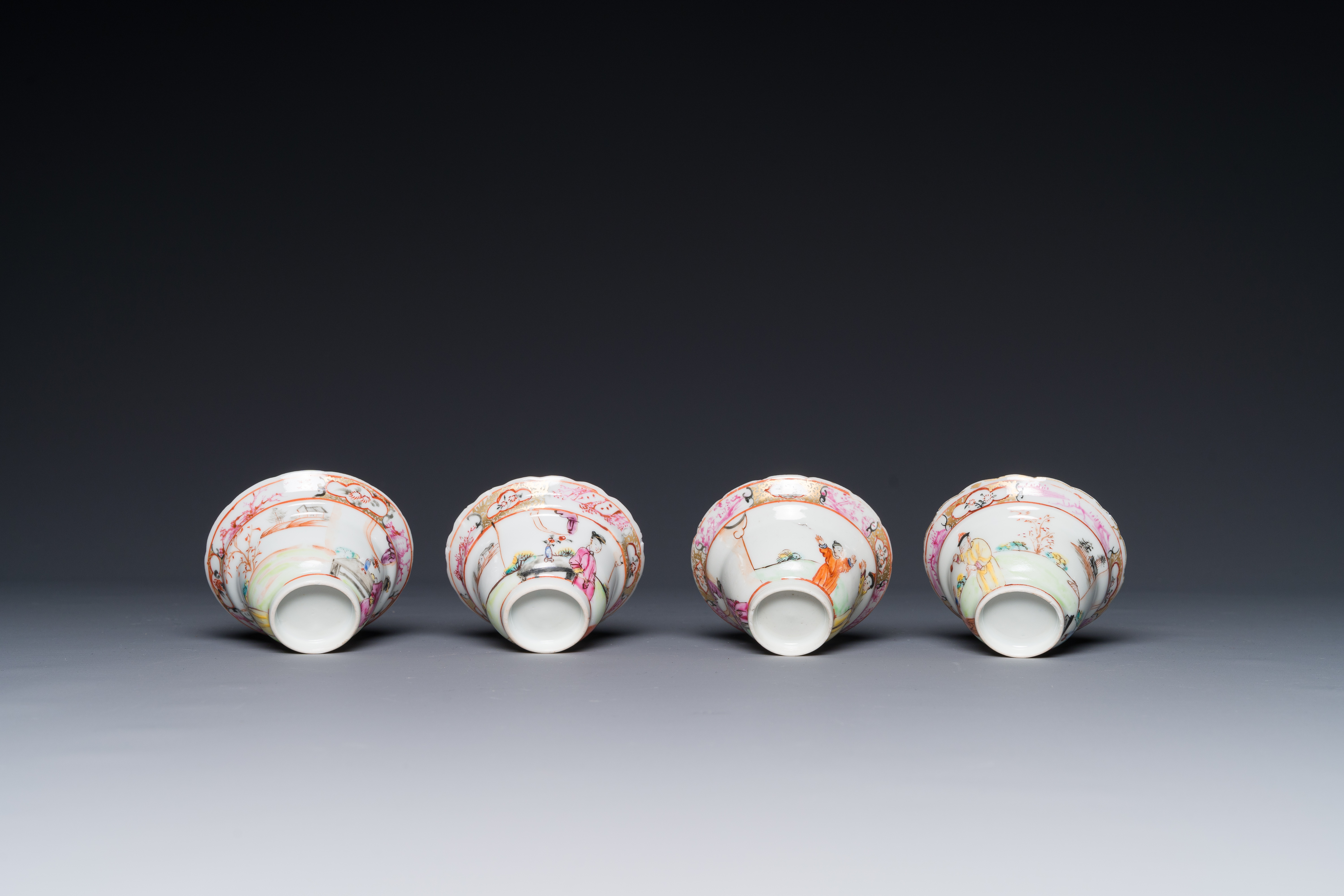 Six Chinese Canton famille rose 'mandarin subject' cups and saucers with four covers, Qianlong - Image 6 of 7