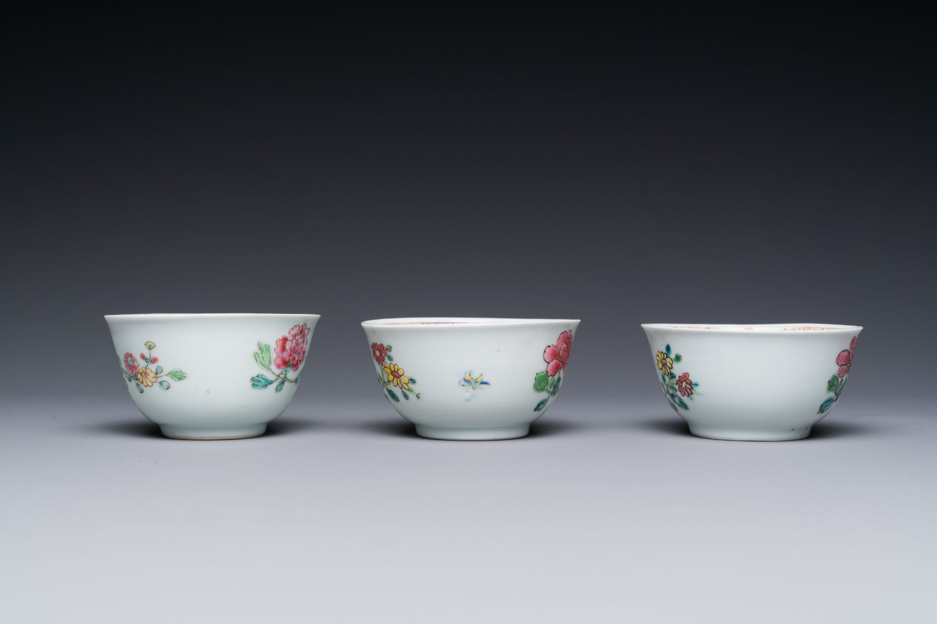 Three Chinese famille rose 'pheasant' cups and saucers, Yongzheng - Image 2 of 5