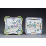 Two Chinese Canton enamel square trays with narrative design, Shou å£½ mark, 18/19th C.