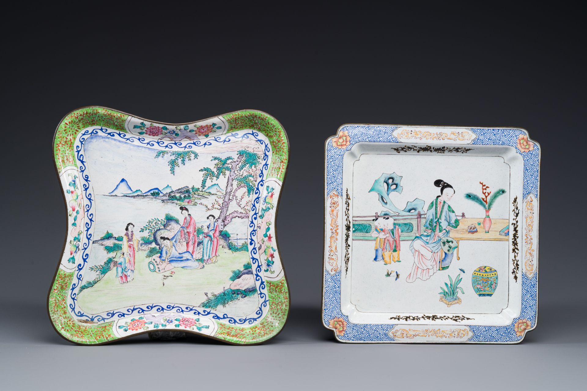 Two Chinese Canton enamel square trays with narrative design, Shou å£½ mark, 18/19th C.