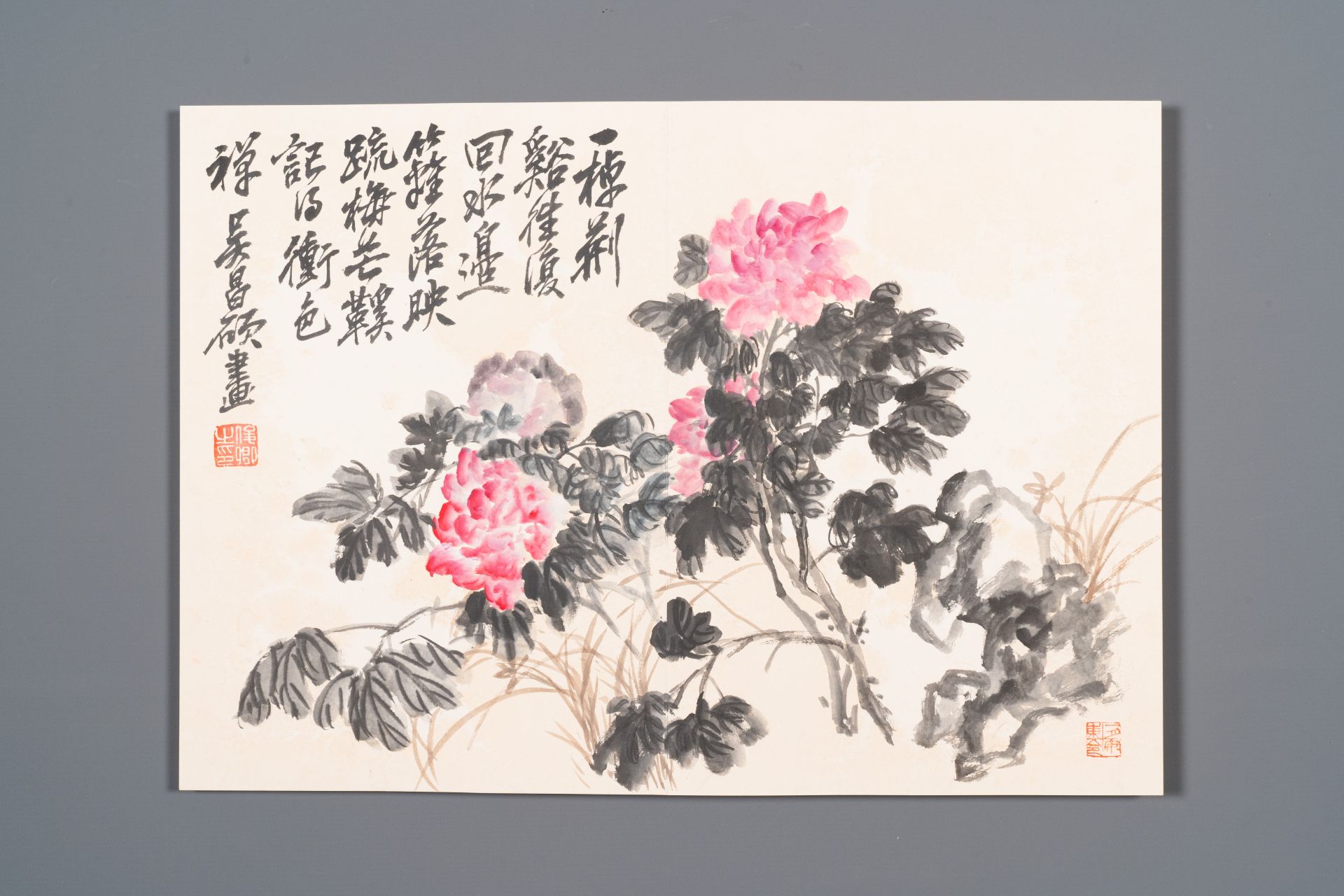 Wu Changshuo å´æ˜Œç¡• (1844-1927): Album with 10 floral works accompanied by calligraphy, ink and c - Bild 10 aus 14