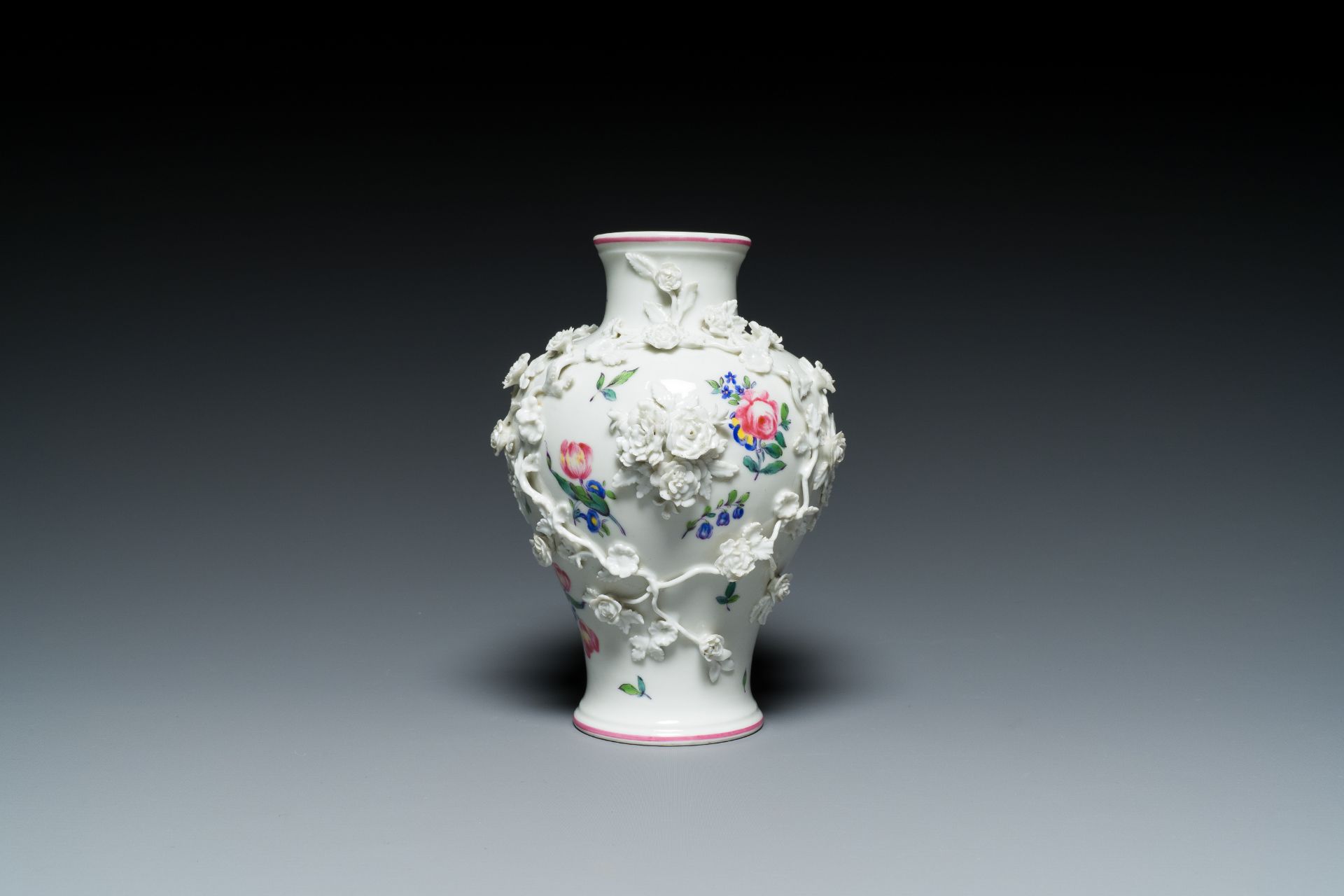 A Mennecy vase with applied floral design, France, DV mark, 18th C. - Image 7 of 16