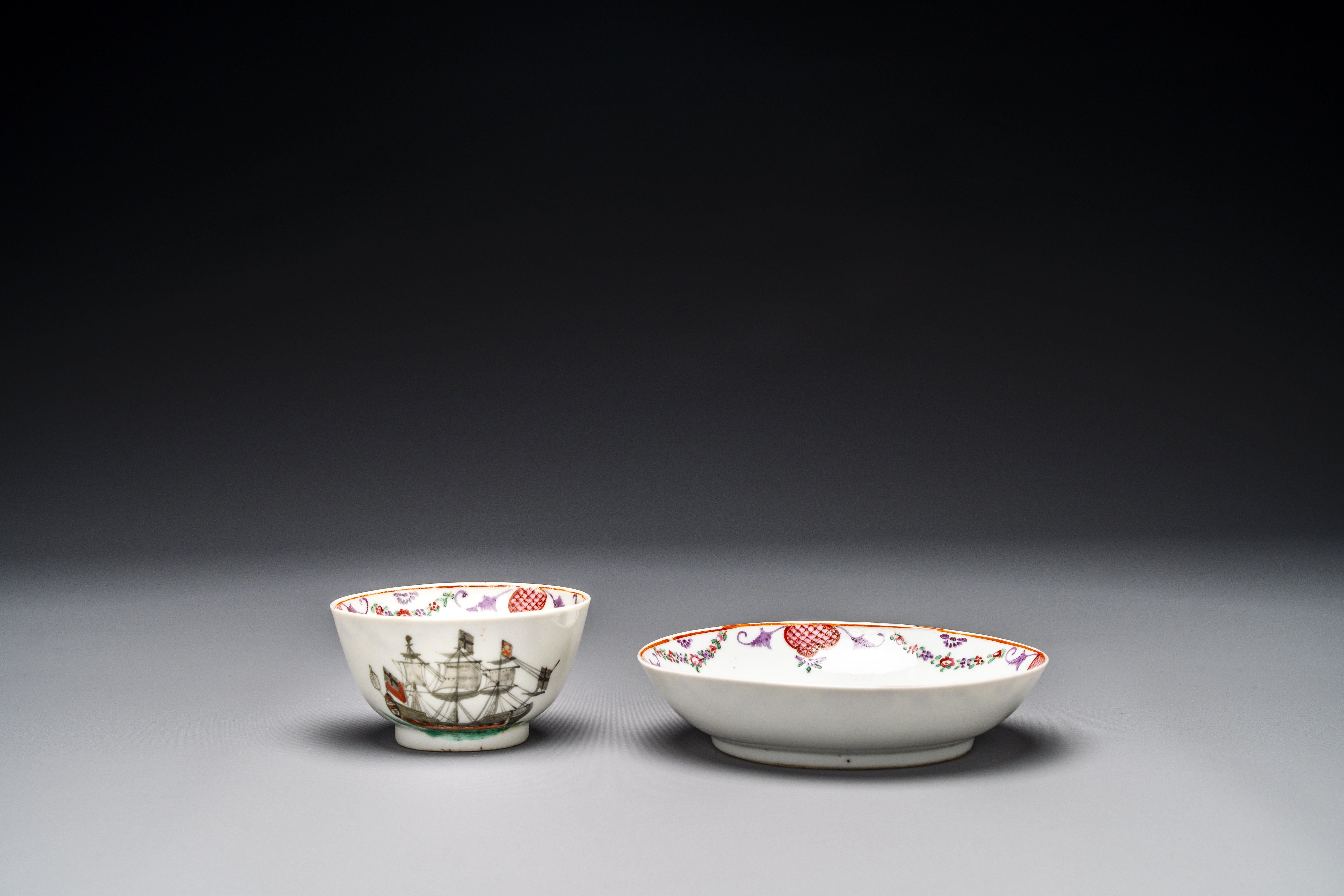 A rare Chinese famille rose 'European merchant ship' cup and saucer, Qianlong - Image 3 of 5