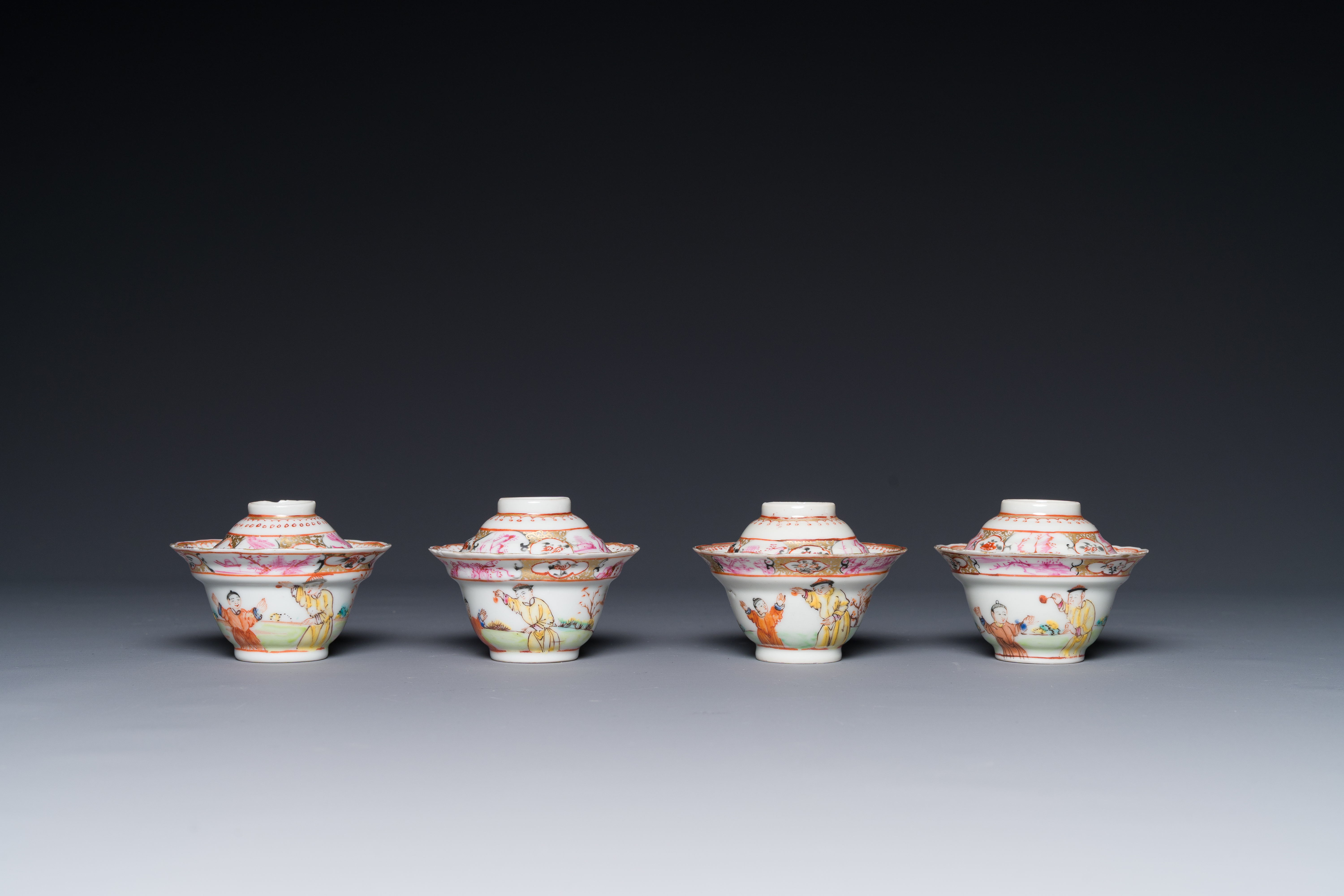 Six Chinese Canton famille rose 'mandarin subject' cups and saucers with four covers, Qianlong - Image 4 of 7