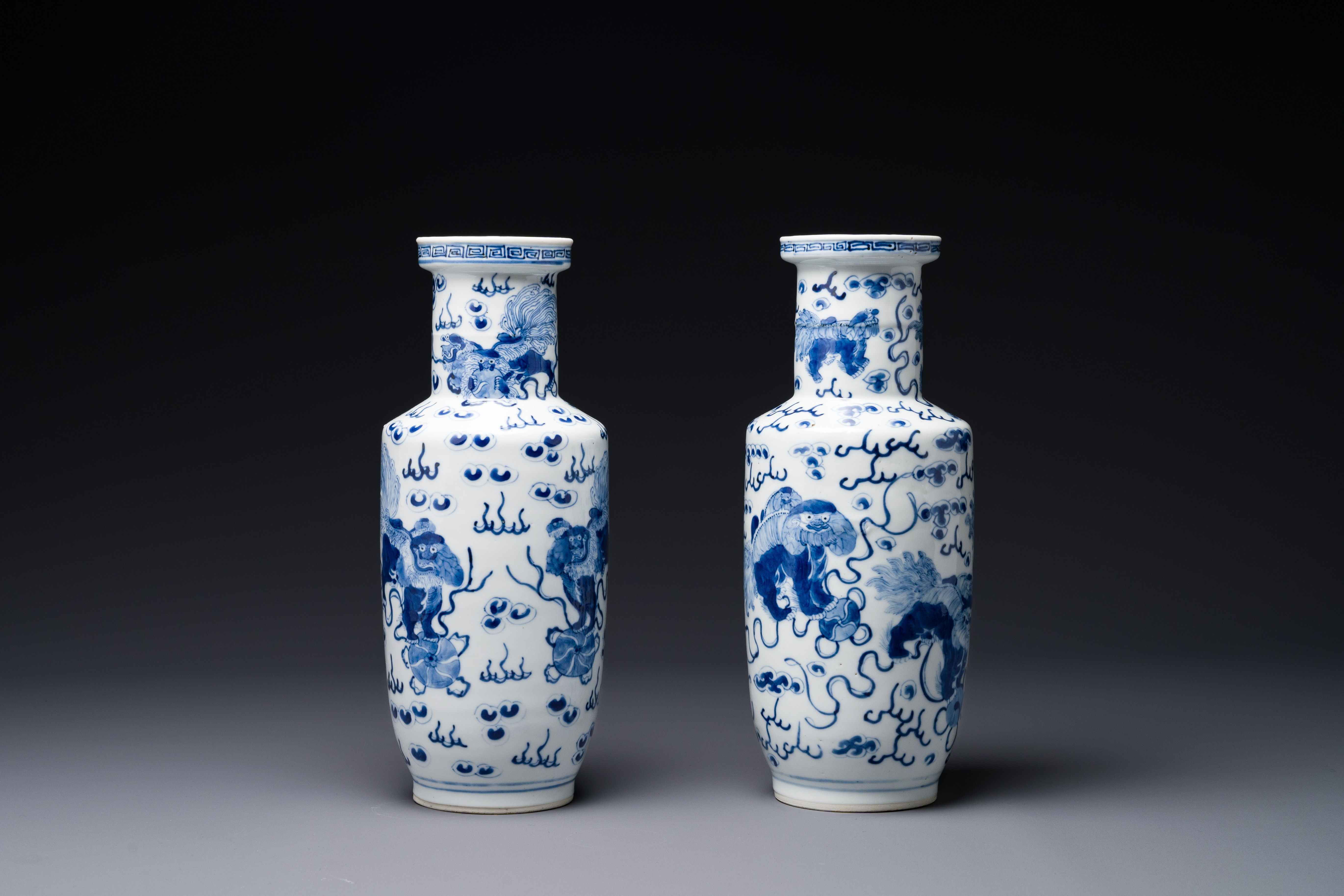 A pair of Chinese blue and white 'Buddhist lion' vases, Kangxi mark, 19th C. - Image 3 of 7