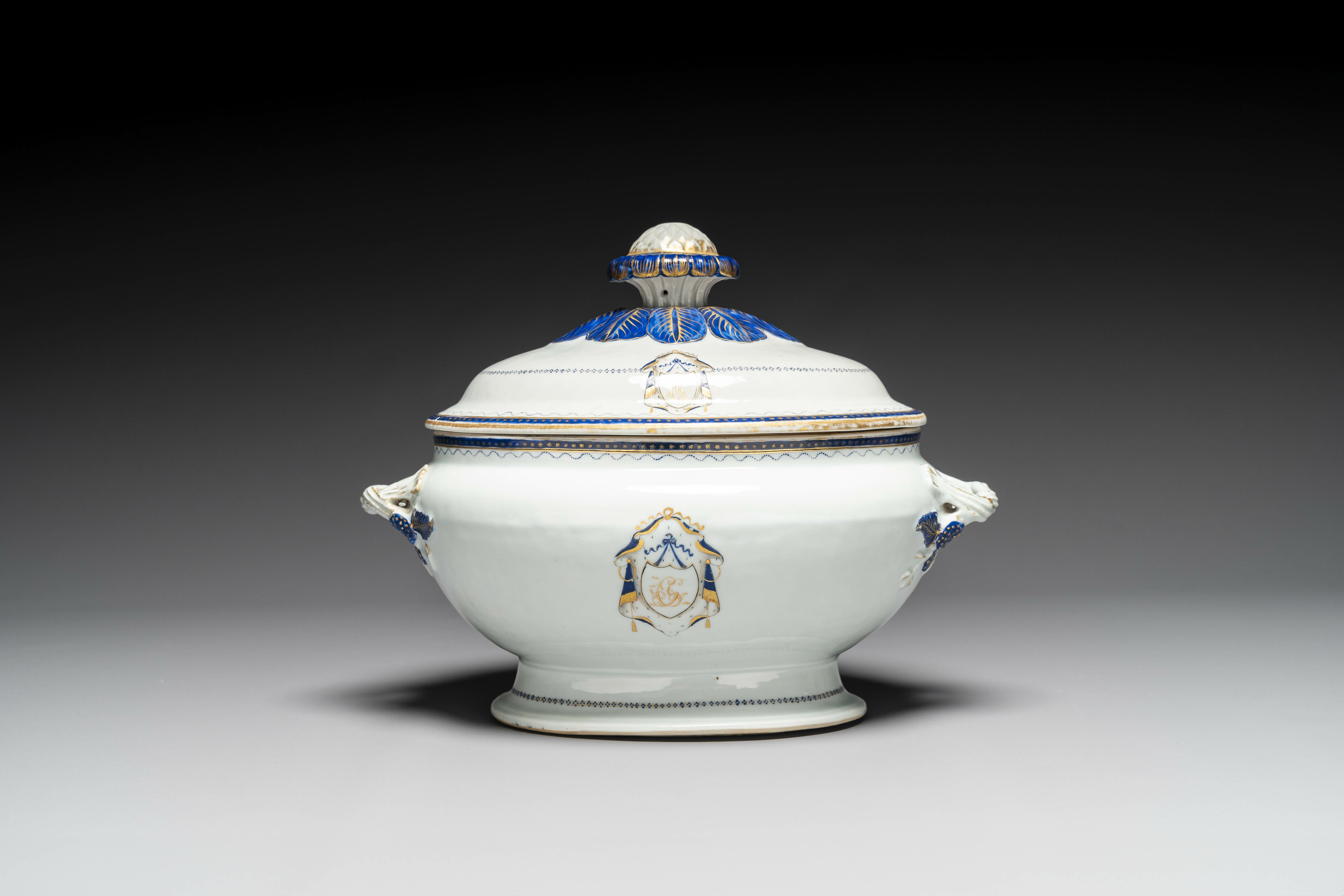 A Chinese export monogrammed blue-enameled and gilt tureen and cover, Qianlong