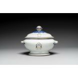 A Chinese export monogrammed blue-enameled and gilt tureen and cover, Qianlong